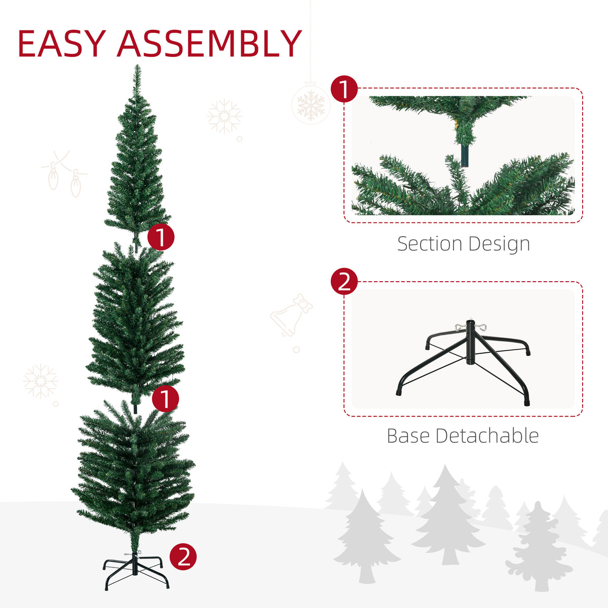 7' Artificial Pencil Christmas Trees Holiday Decoration with Colorful LED Lights, Steel Base, Skinny Shape