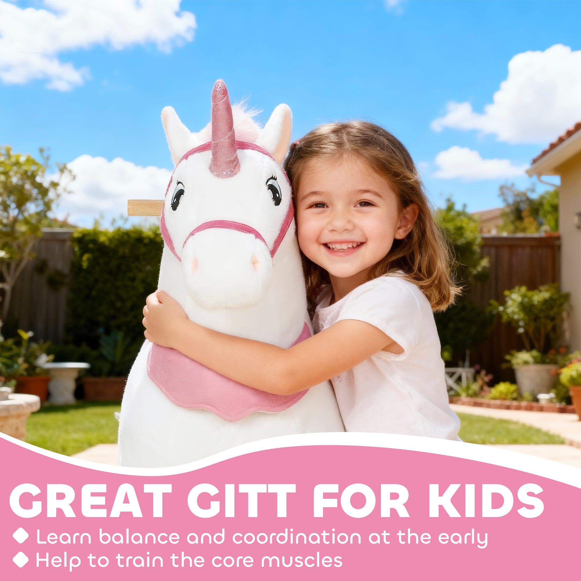 Ride on Unicorn Toy for Kids 4-7 Years, 37.8 Inch Plush Baby Rocking Horse with Wheels, No Battery Required, White