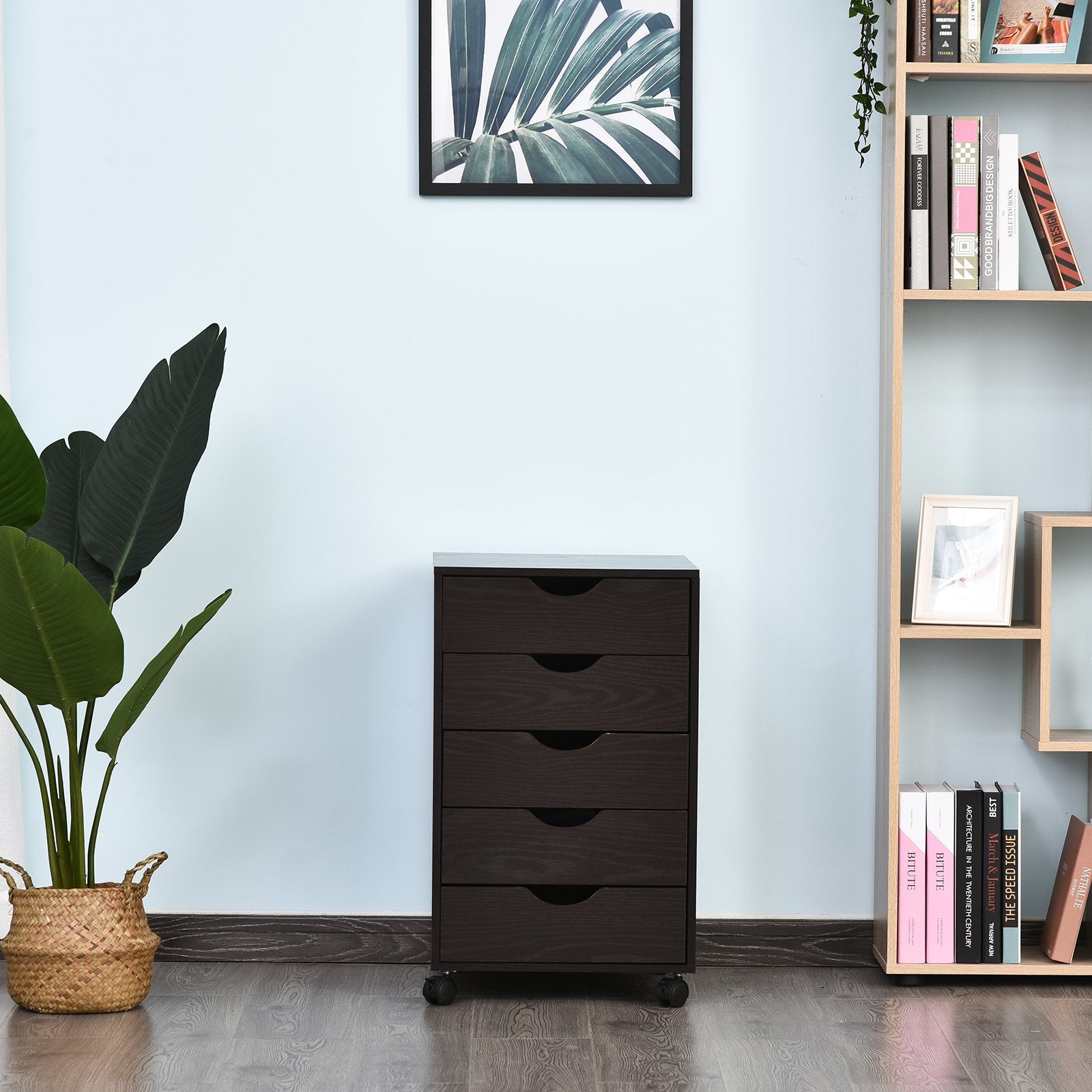 5 Drawer File Cabinet Storage Organizer Filing Cabinet with Nordic Minimalist Modern Style & Wheels, Brown