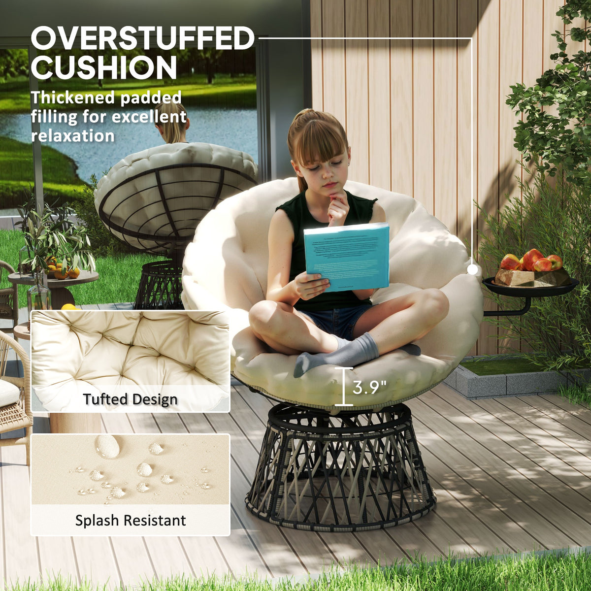 360° Swivel Outdoor Papasan Chair, 39" Overstuffed Circle Chair with Side Tray, Thick Cushion for Indoor Patio, Beige
