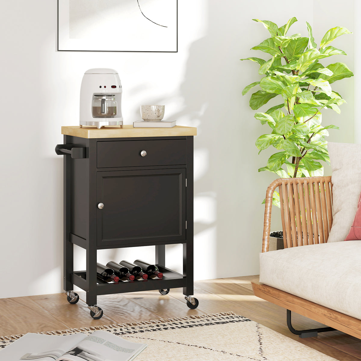 Kitchen Island on Wheels, Rolling Kitchen Cart with Rubberwood Top, Drawer, Wine Rack and Cabinet, Black