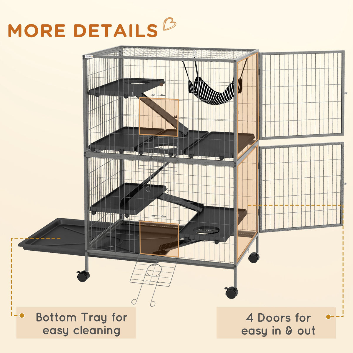 50" H Rolling Small Animal Cage with Hammock, Ferret Cage, Chinchilla Cage, Pet Habitat with 4 Doors, Removable Tray