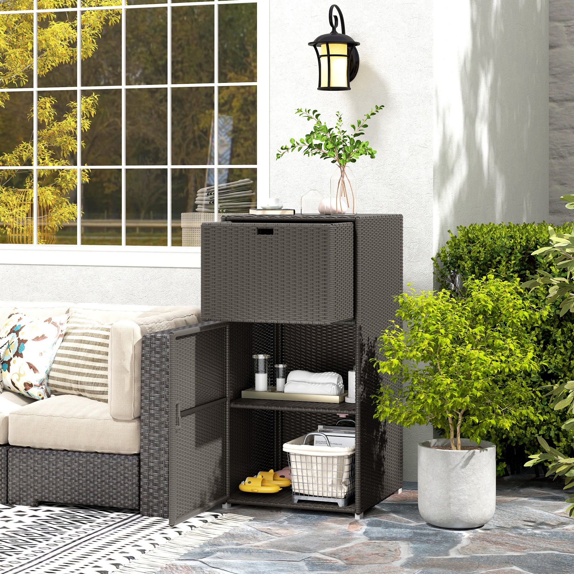 Outdoor Towel Rack for Pool w/ Drawer & Cabinet, Dark Brown - Brown - Image 2