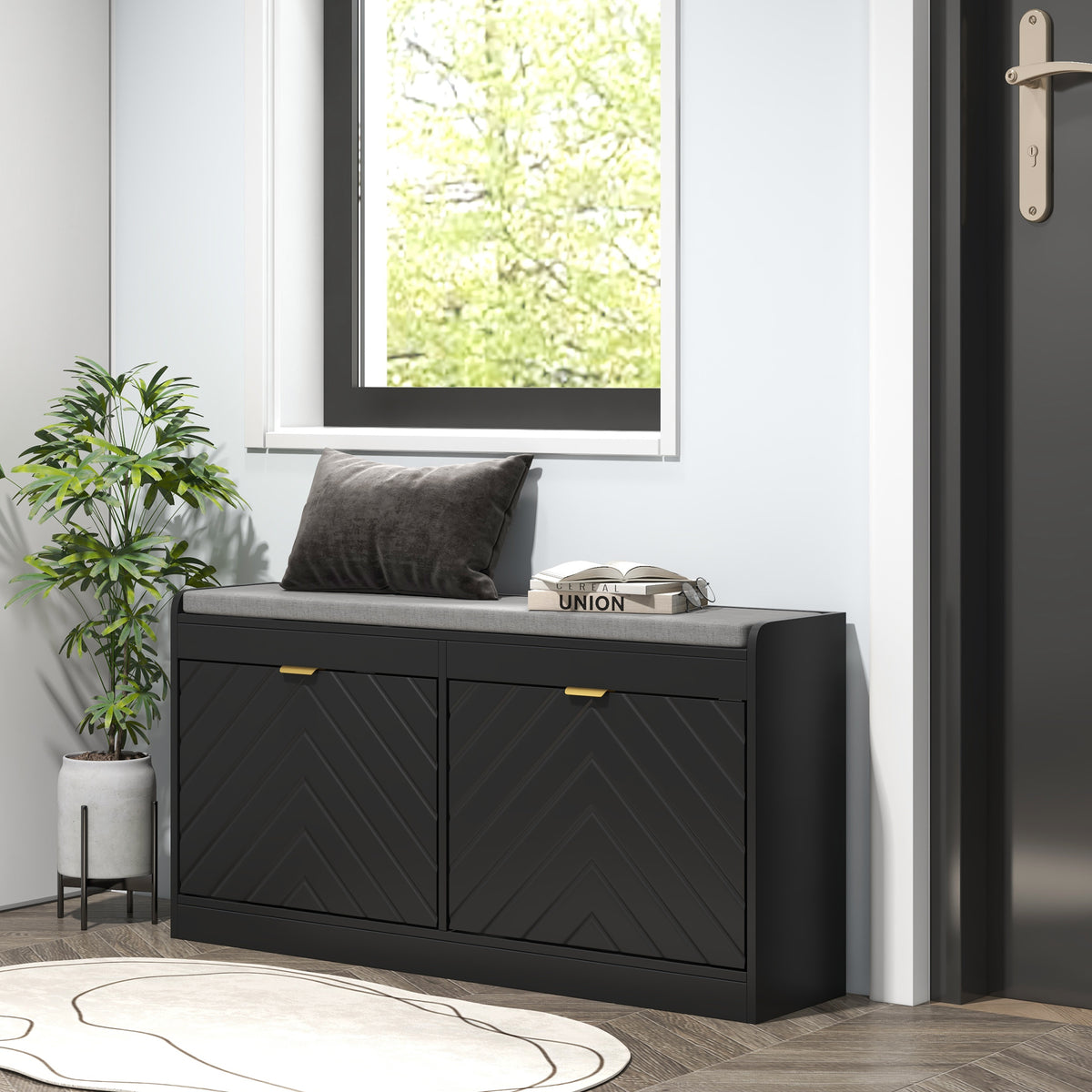 Narrow Storage Bench, Upholstered Entry Way Bench, Shoe Rack Bench with 2 Flip Drawers, 2 Vents for 8 Pairs of Shoes