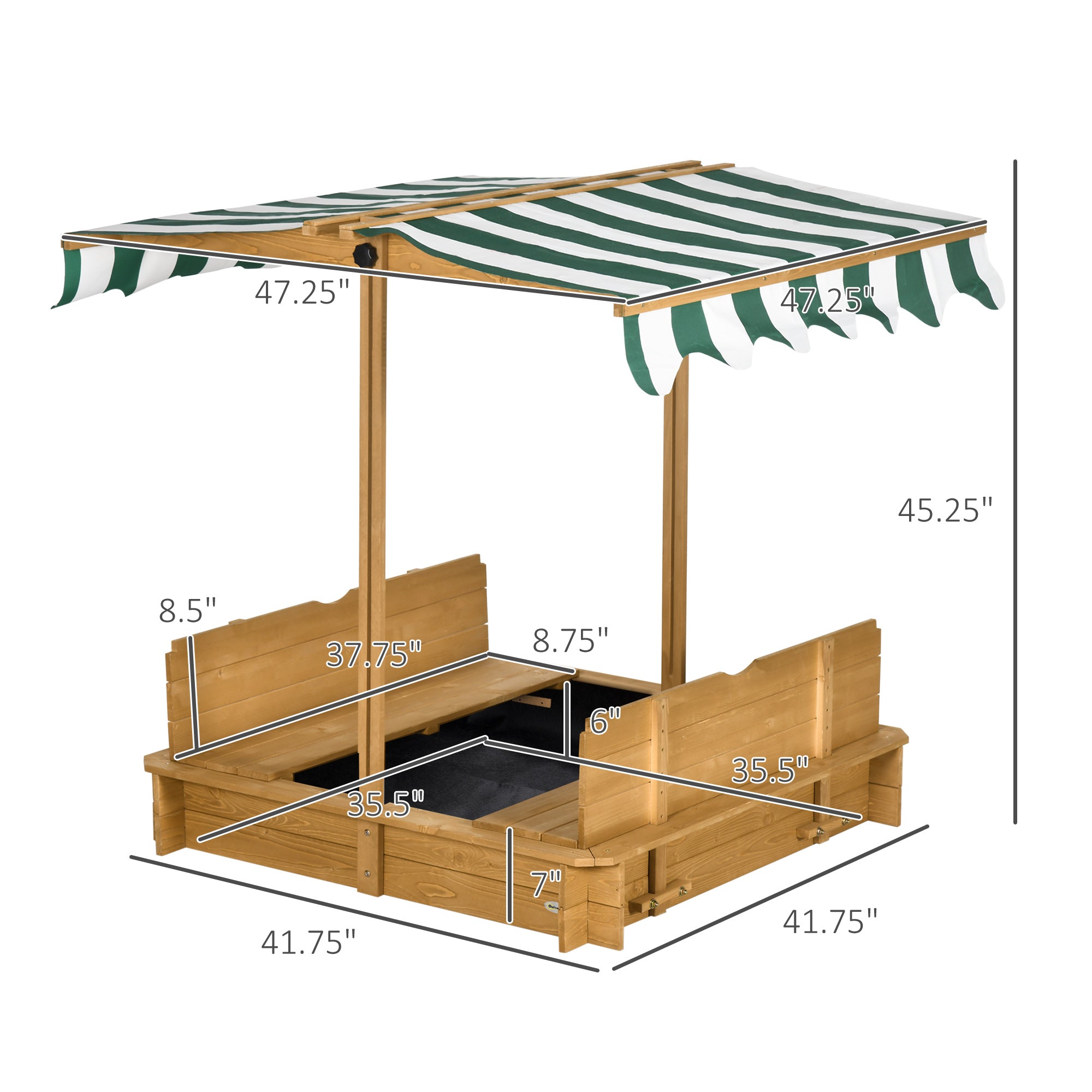 Wooden Kids Sandbox with Cover, Children Outdoor Sand Box with Foldable Bench Seats and Adjustable Canopy
