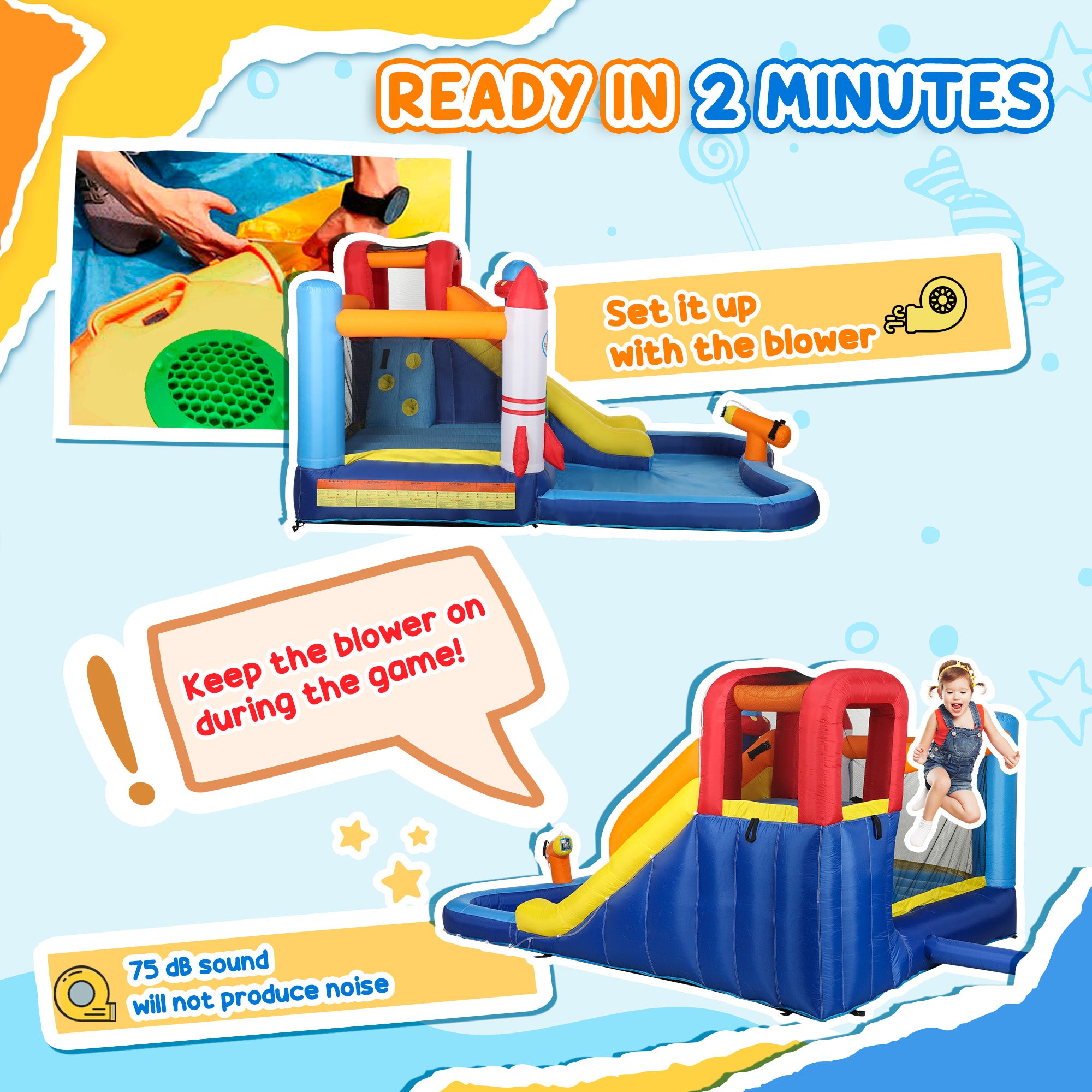 5 in 1 Inflatable Bounce House, Water Slide with 550W Blower, Splash Pool, Trampoline, Climbing Wall, Cannon