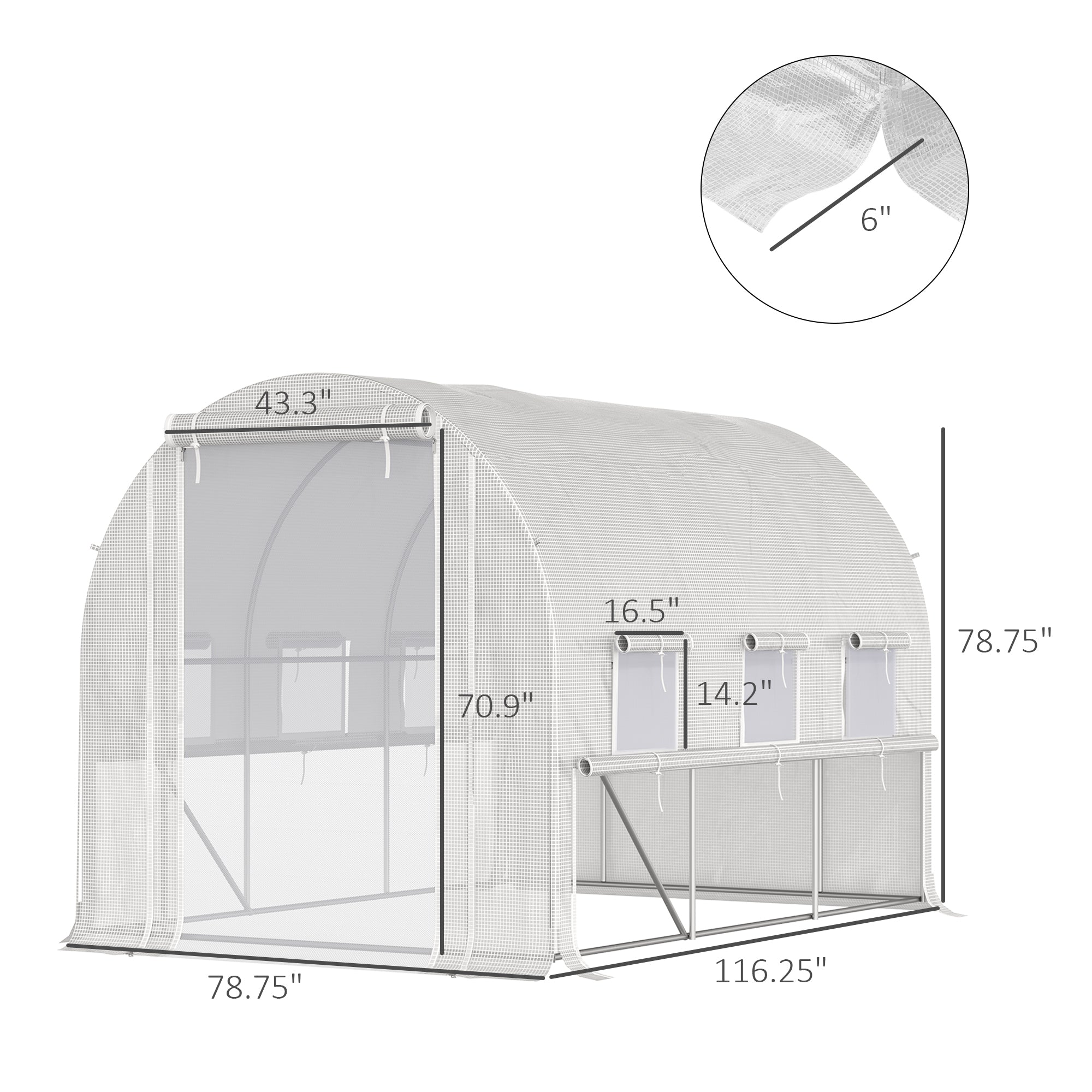 116.25" x 78.75" x 78.75" Walk-in Tunnel Greenhouse, Mesh Windows, Bottom Vents, Zippered Door, PE Cover, Heavy Duty Steel Frame, White - White - Image 3