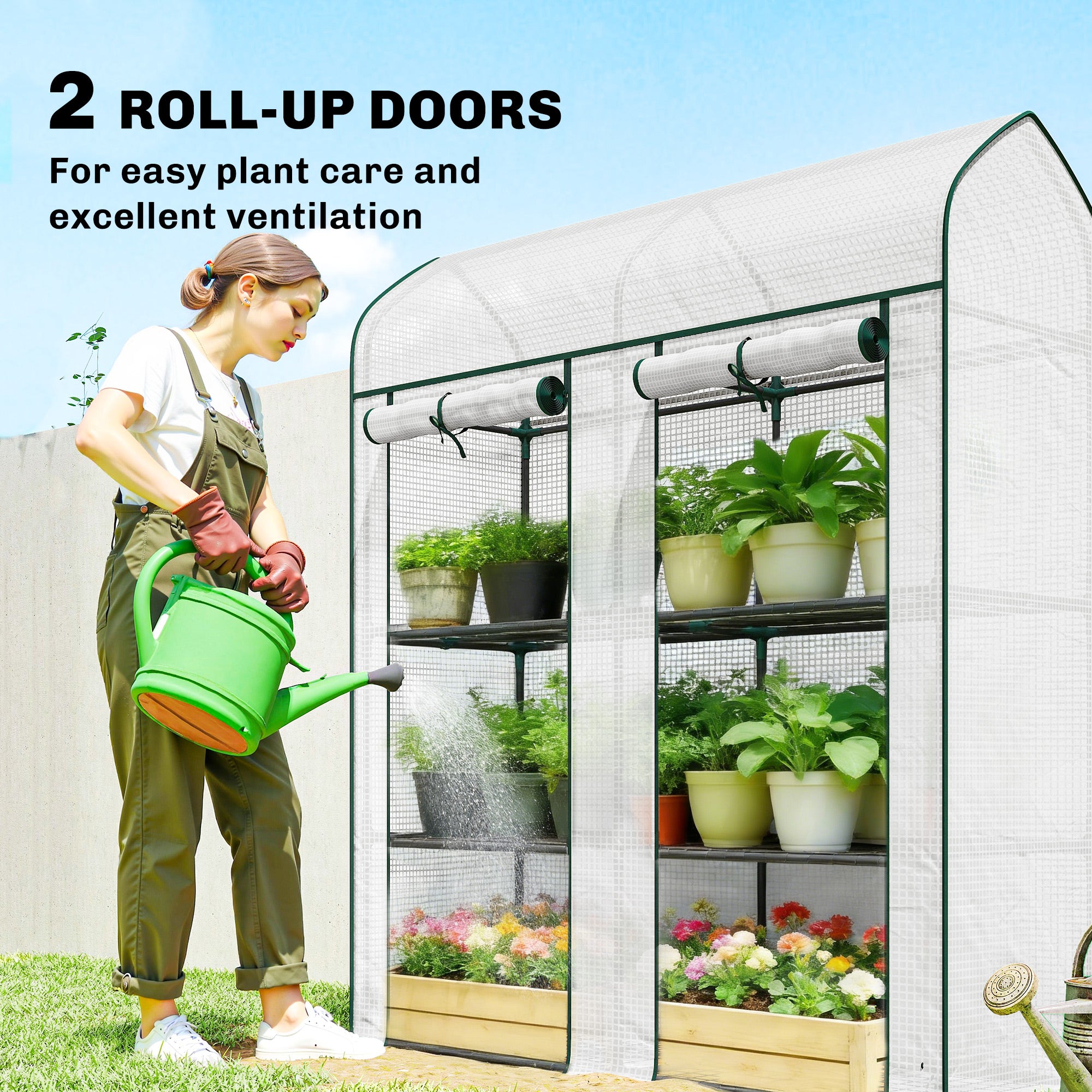 3 Tier Mini Greenhouse, Small Portable Greenhouse with 2 Roll-up Doors, 56.3" x 18.1" x 65", White - White - Image 6