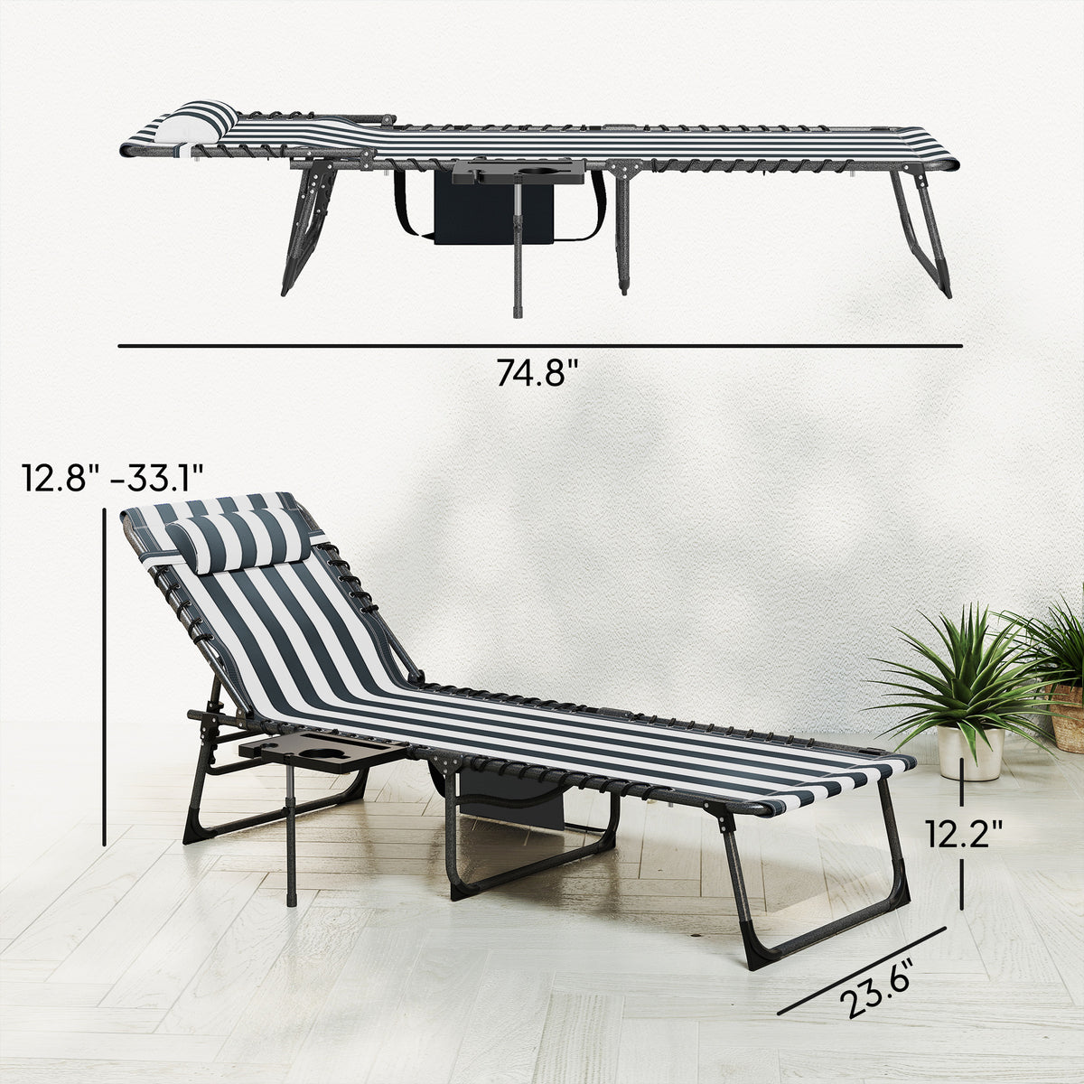 Folding Outdoor Chaise Lounge Chair Tanning Chair with 5-Level Adjustable Back, Side Table, Pillow, Pocket, Blue White