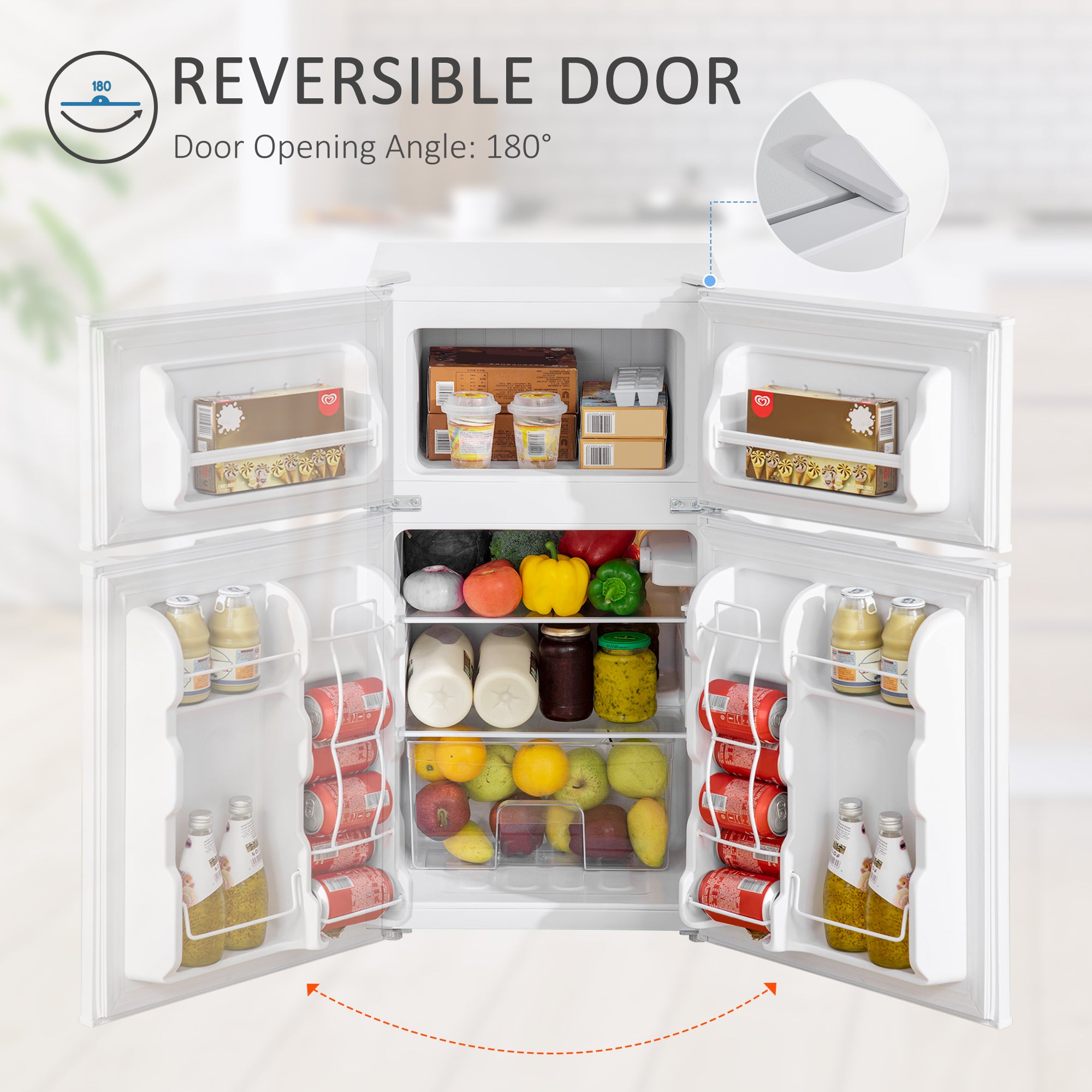 3.2 Cu.Ft Mini Fridge with Freezer, Compact Refrigerator with Adjustable Thermostat, Shelf and Double Reversible Door for Bedroom, Dorm, Home Office, Energy Efficient, White