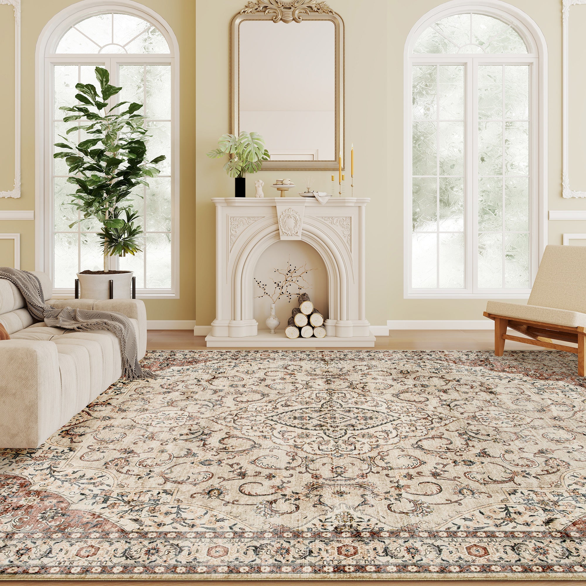 Area Rug 4x6, Machine Washable Rug, Non-Slip Classical Floral Print Floor Carpet for Living Room, Bedroom, Mixed-Brown