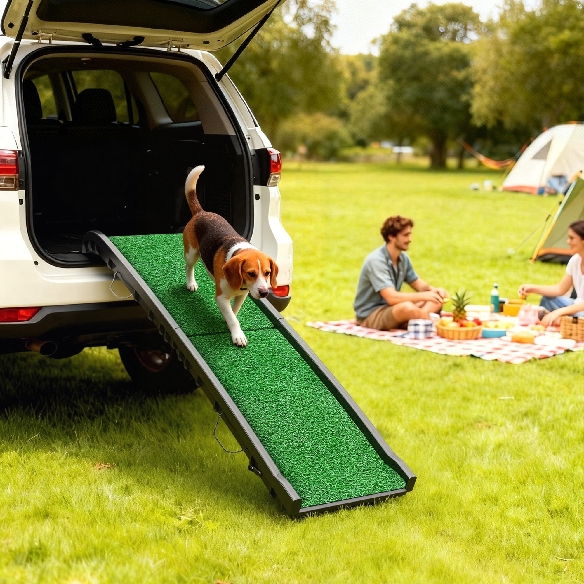 Folding Dog Ramp for Car, 61 Inches Portable Pet Ramp with Non Slip Grass Surface, Raised Side Rails - Black - Image 2
