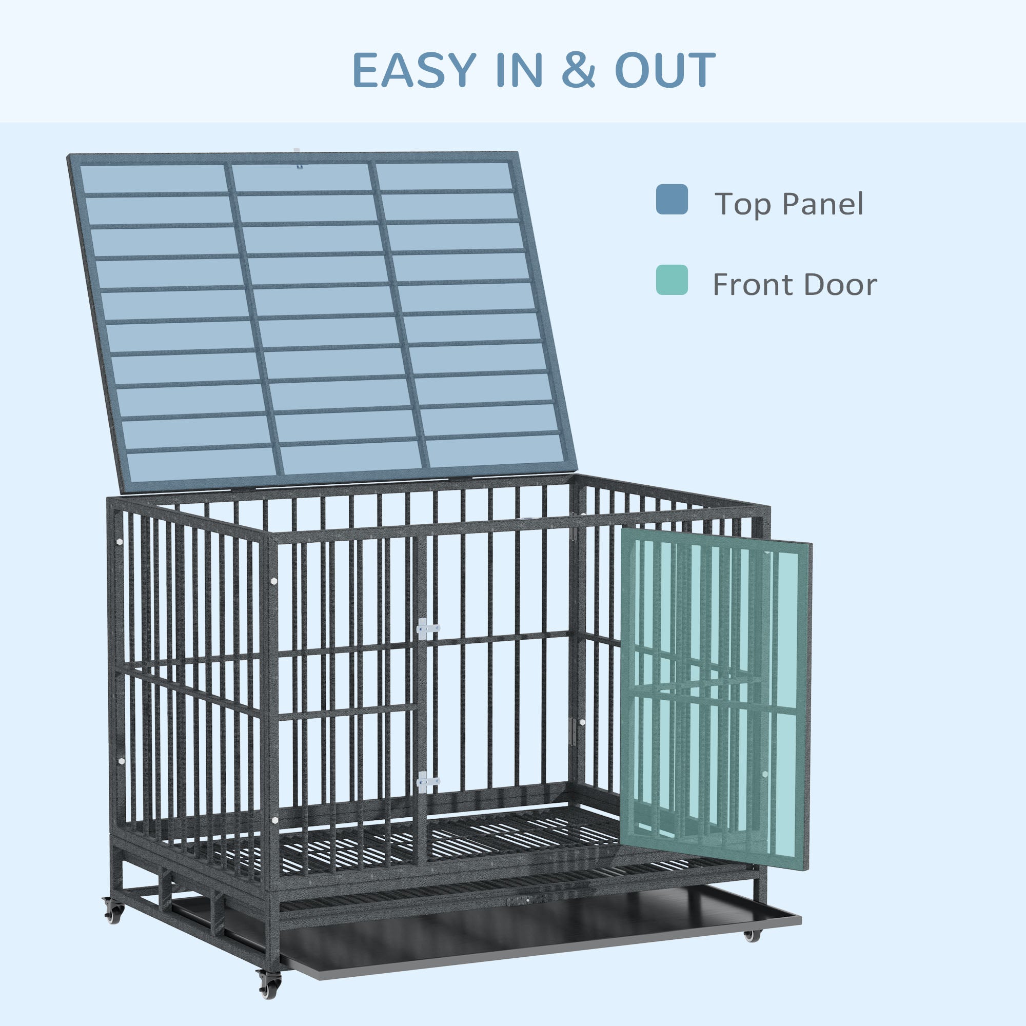 43" Heavy Duty Dog Crate Metal Cage Kennel with Lockable Wheels, Double Door and Removable Tray, Gray - Grey Vein - Image 6