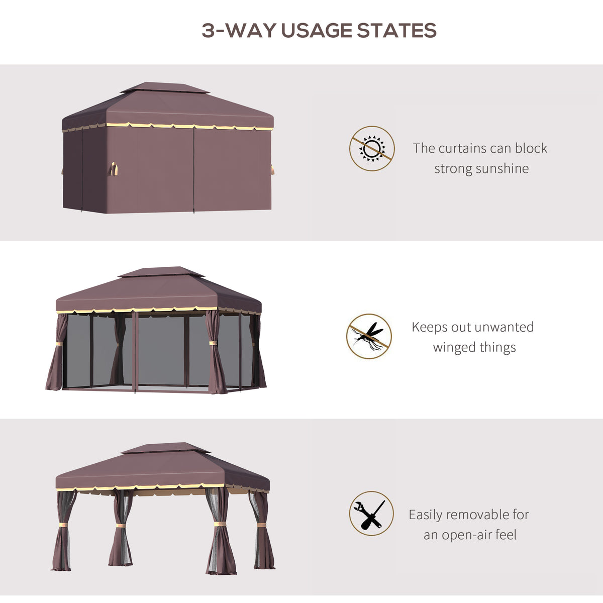 10' x 13' Patio Gazebo, Aluminum Frame Double Roof Outdoor Gazebo Canopy Shelter with Netting & Curtains, Coffee