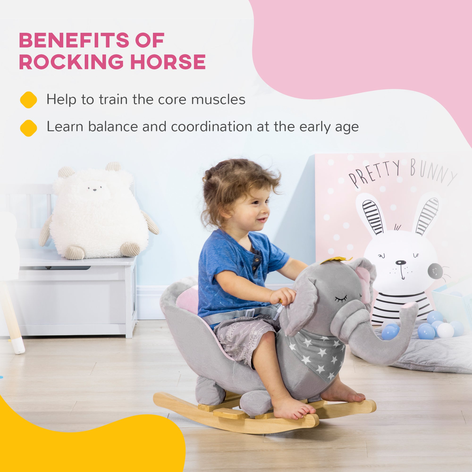 Baby Rocking Horse Elephant Rocking Chair Toddler Rocker Toy with Sound Wooden Base Seat for 1.5-3 Year Old, Gray