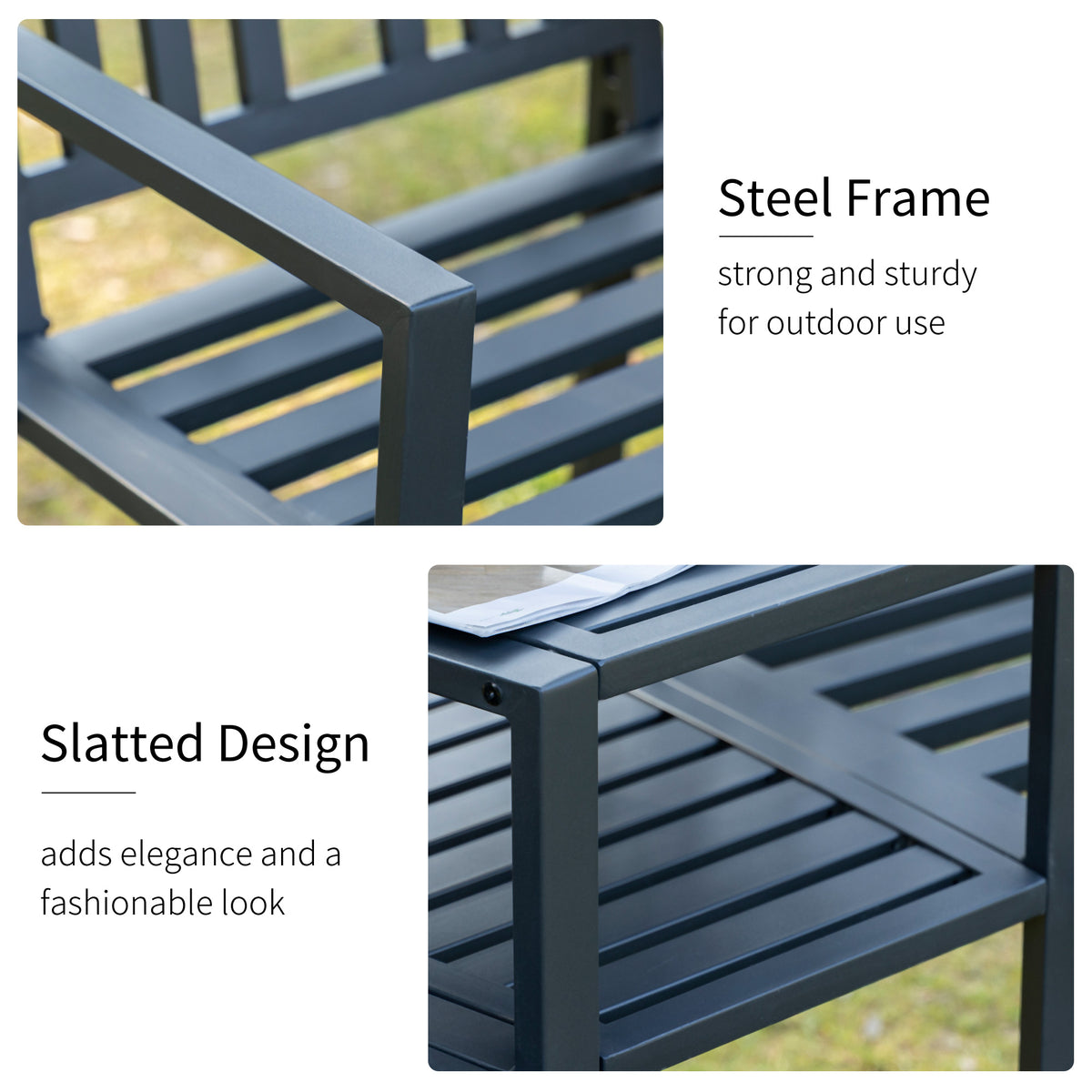 Metal Garden Bench with Middle Table and Umbrella Hole, 2-in-1 Double Patio Chairs, Outdoor 2-person Tete-a-Tete, Slatted, Black