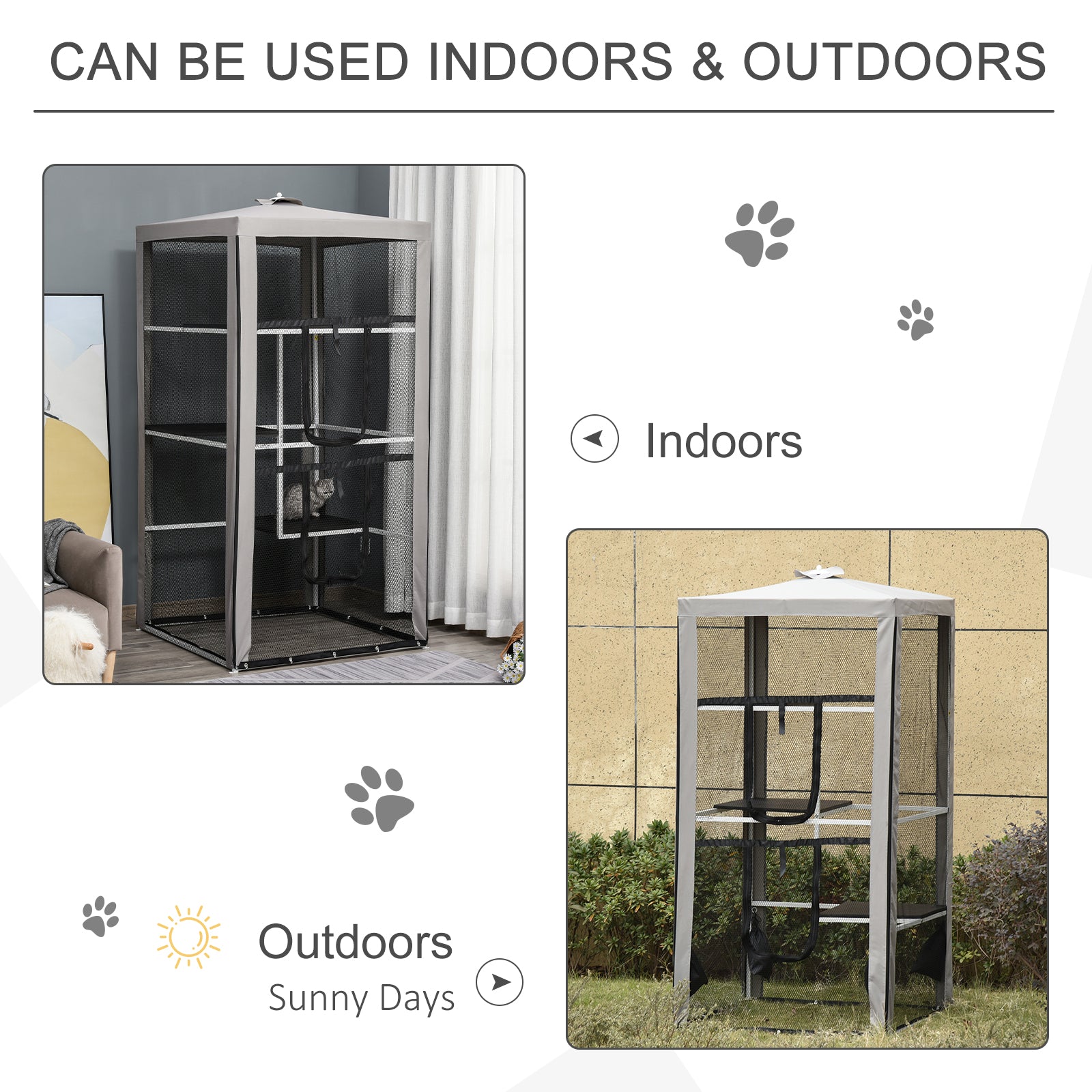 79"H Cat House Kitten Enclosure Mesh Playpen Steel Frame with 3 Platforms, 2 Doors and 4 Sandbags for Stability, Indoor/Outdoor - Grey, White and Black - Image 4