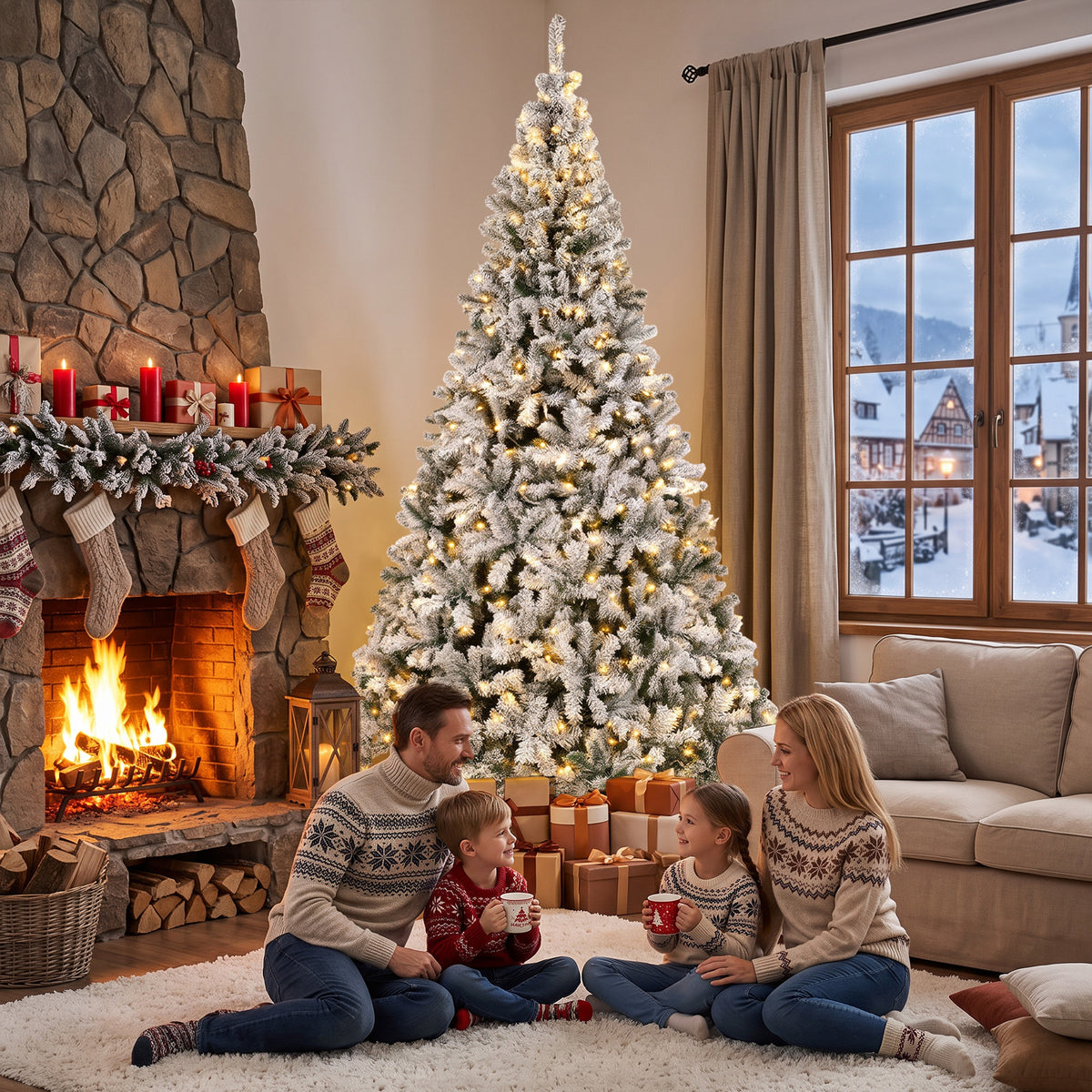 9ft Flocked Prelit Christmas Tree, Fraser Fir, Hinged Xmas Tree with LEDs, Foldable Metal Base, Green White