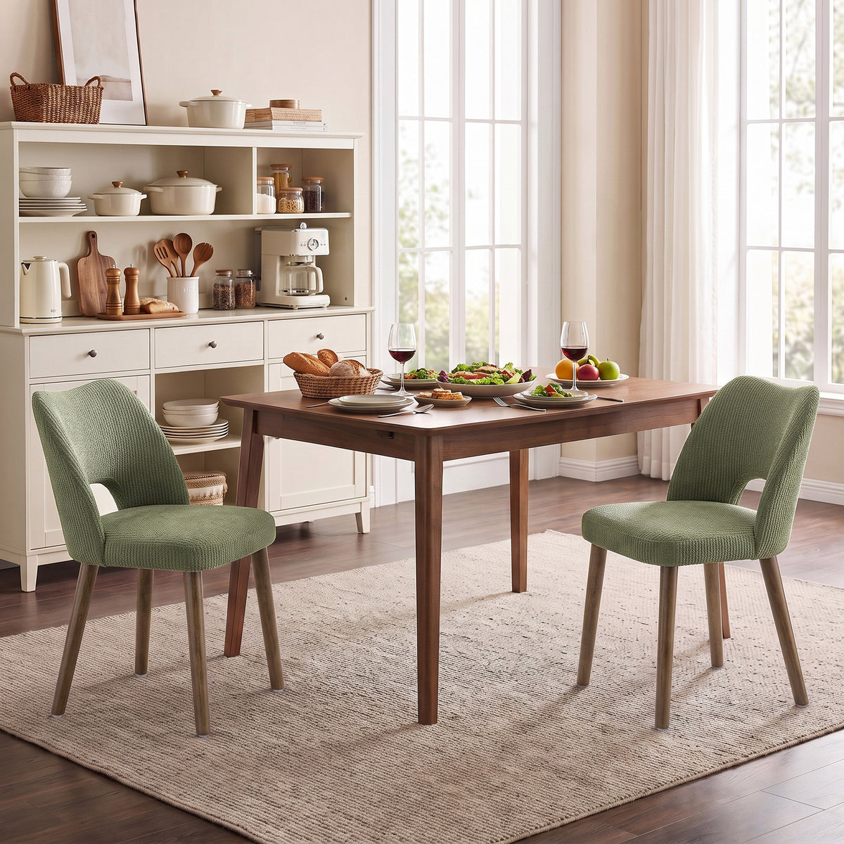 Dining Chairs Set Upholstered Kitchen Chenille Tool Free Assembly Rubberwood Legs, Green