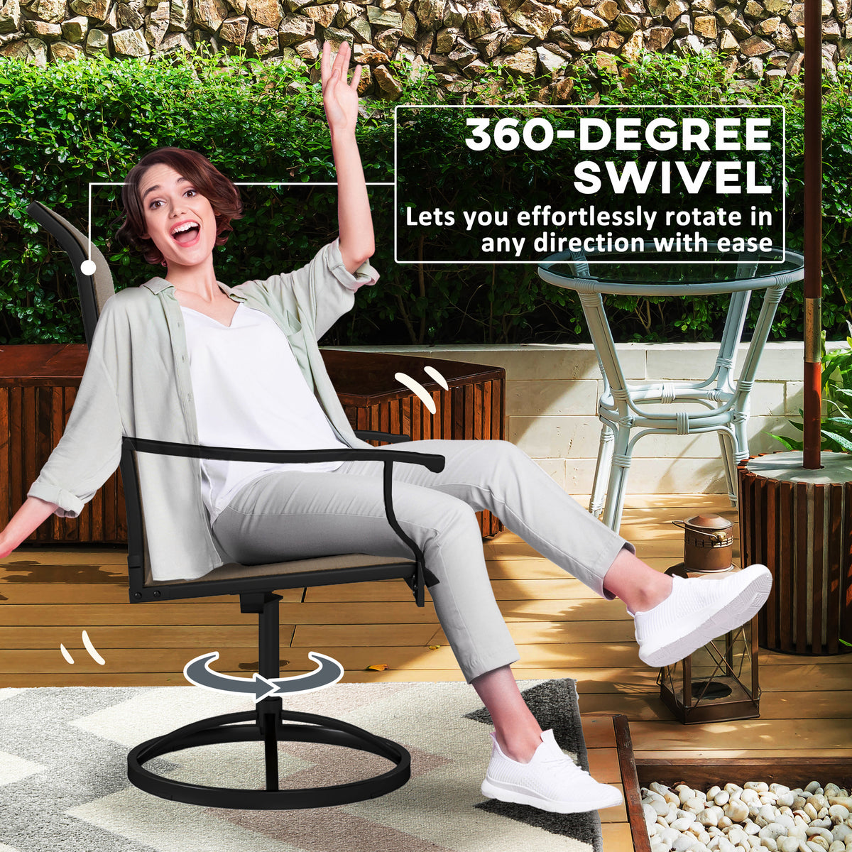Patio Swivel Chairs Set of 2, High Back Patio Dining Chairs with All-Weather Mesh for Backyard, Lawn, Garden, Brown