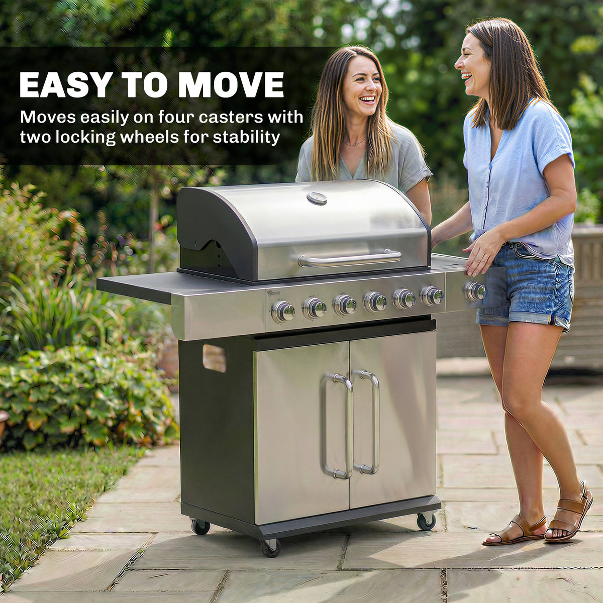 6 Burner Propane Gas Grill with Side Burner, Barbecue Grill with Cast Iron Grates, Wheels, Side Tables, Cabinet
