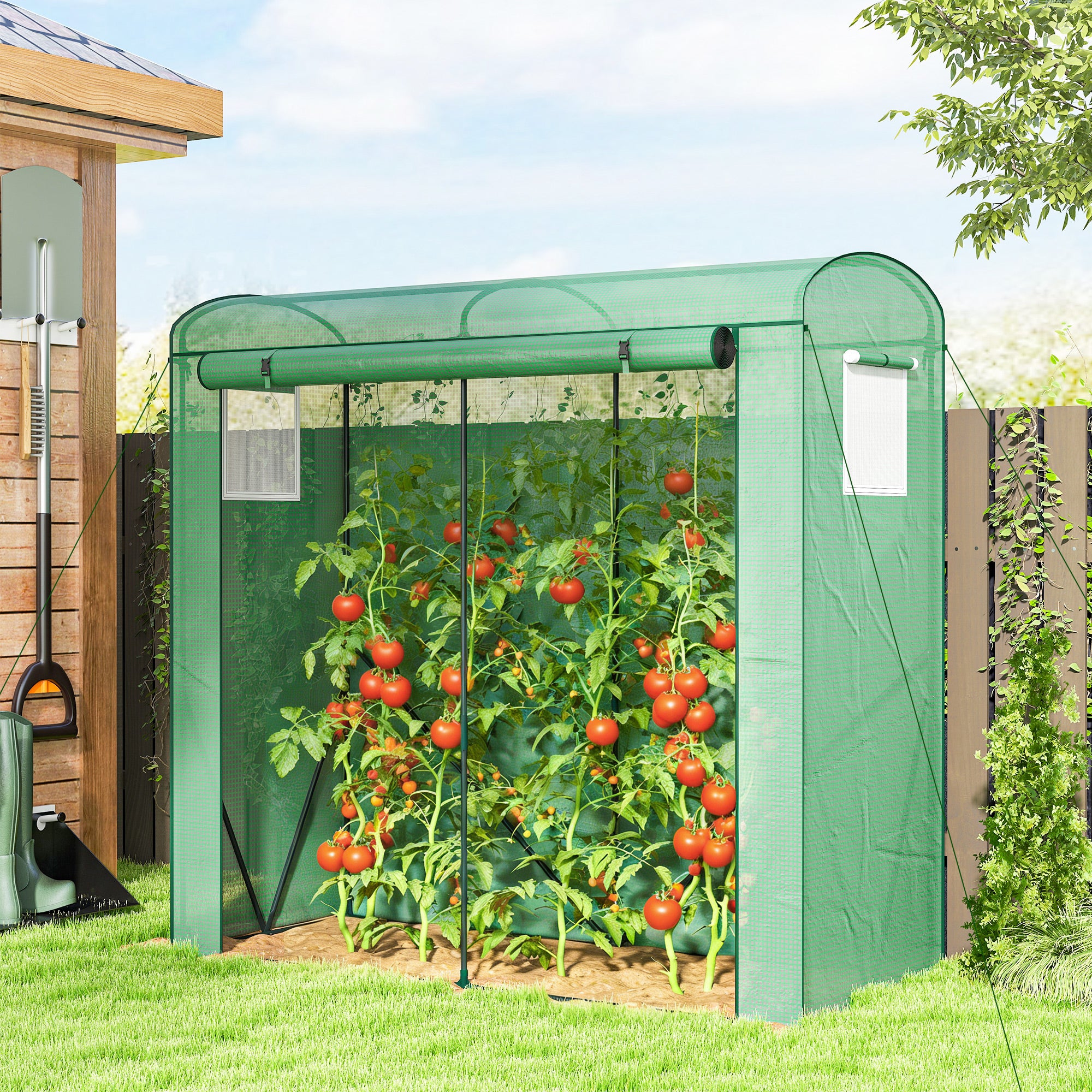 Mini Greenhouse, Portable Greenhouse with Roll-Up Door and 2 Mesh Windows, PE Cover, 78.7" x 29.5" x 74", Green - Green - Image 2