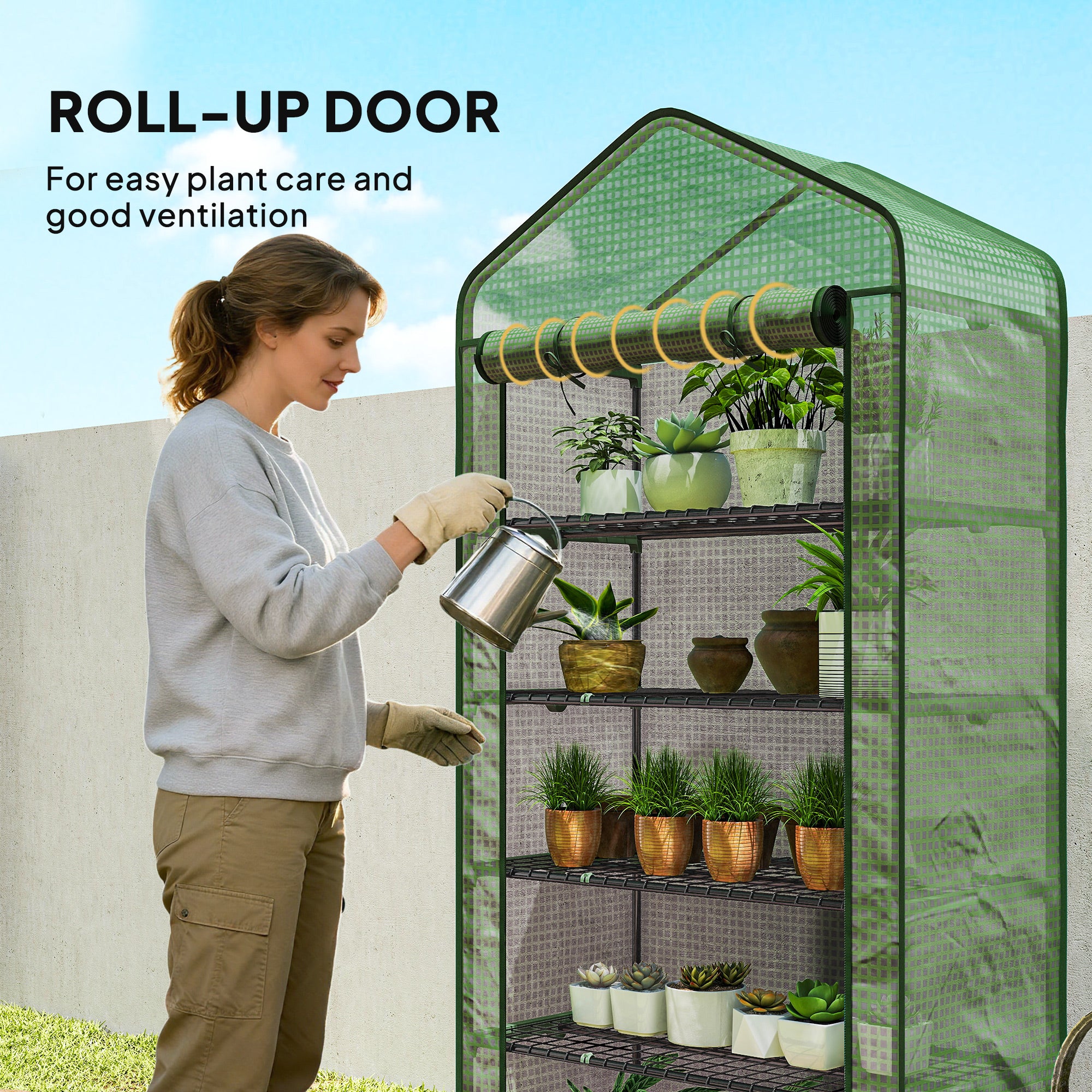 5 Tier Mini Greenhouse, Small Portable Greenhouse with PE Cover, Roll-Up Zippered Door, 76" x 35.4" x 19.3", Green - Green - Image 7