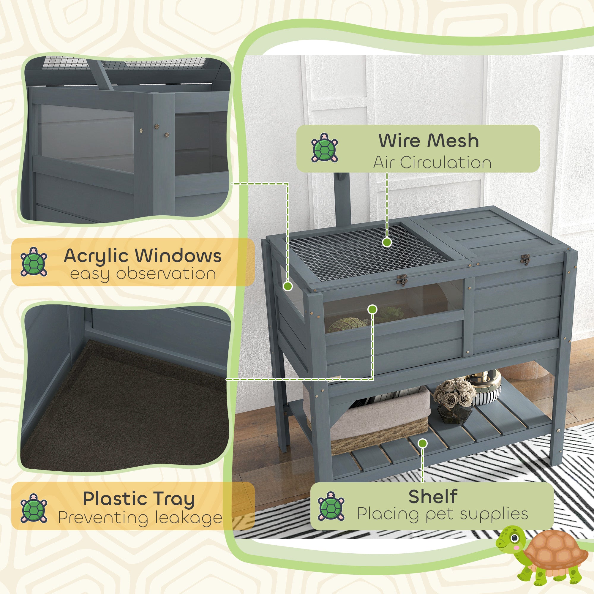 Tortoise Habitat with Shelf Storage Tortoise Gift Accessory with Weather Protection for Indoor, Gray - Gray - Image 7