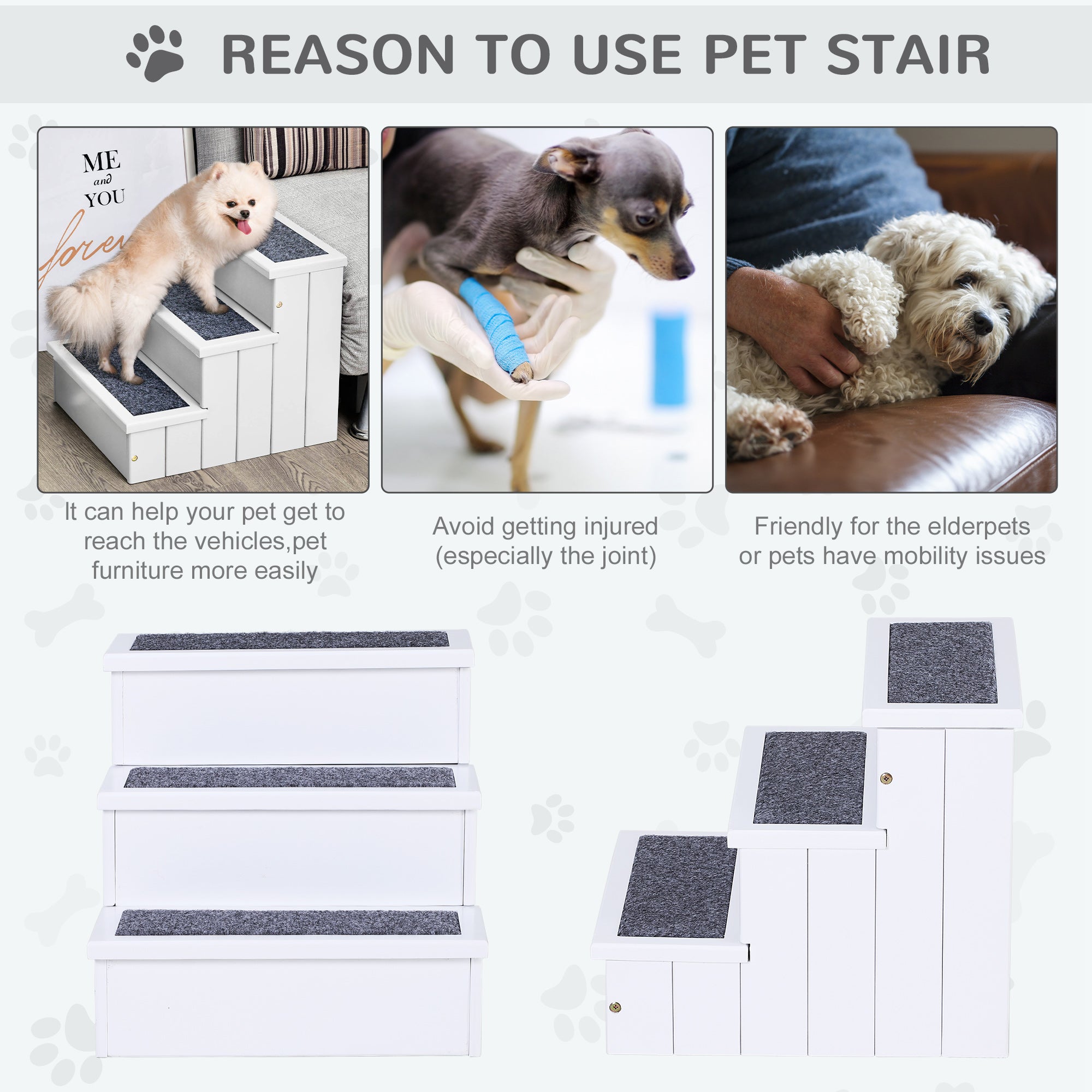 3 Step Wooden Carpeted Non Slip Pet Stairs Ramp for Cats and Small Dogs - White - White - Image 5