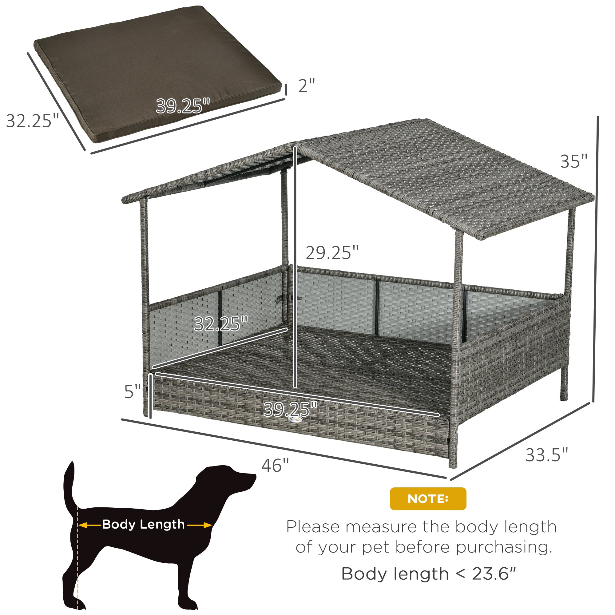 Outdoor Dog Bed with Canopy, Rattan Dog Bed with Soft Cushion Removable Cover for Medium and Large Dogs, Charcoal Gray - Charcoal Gray - Image 3