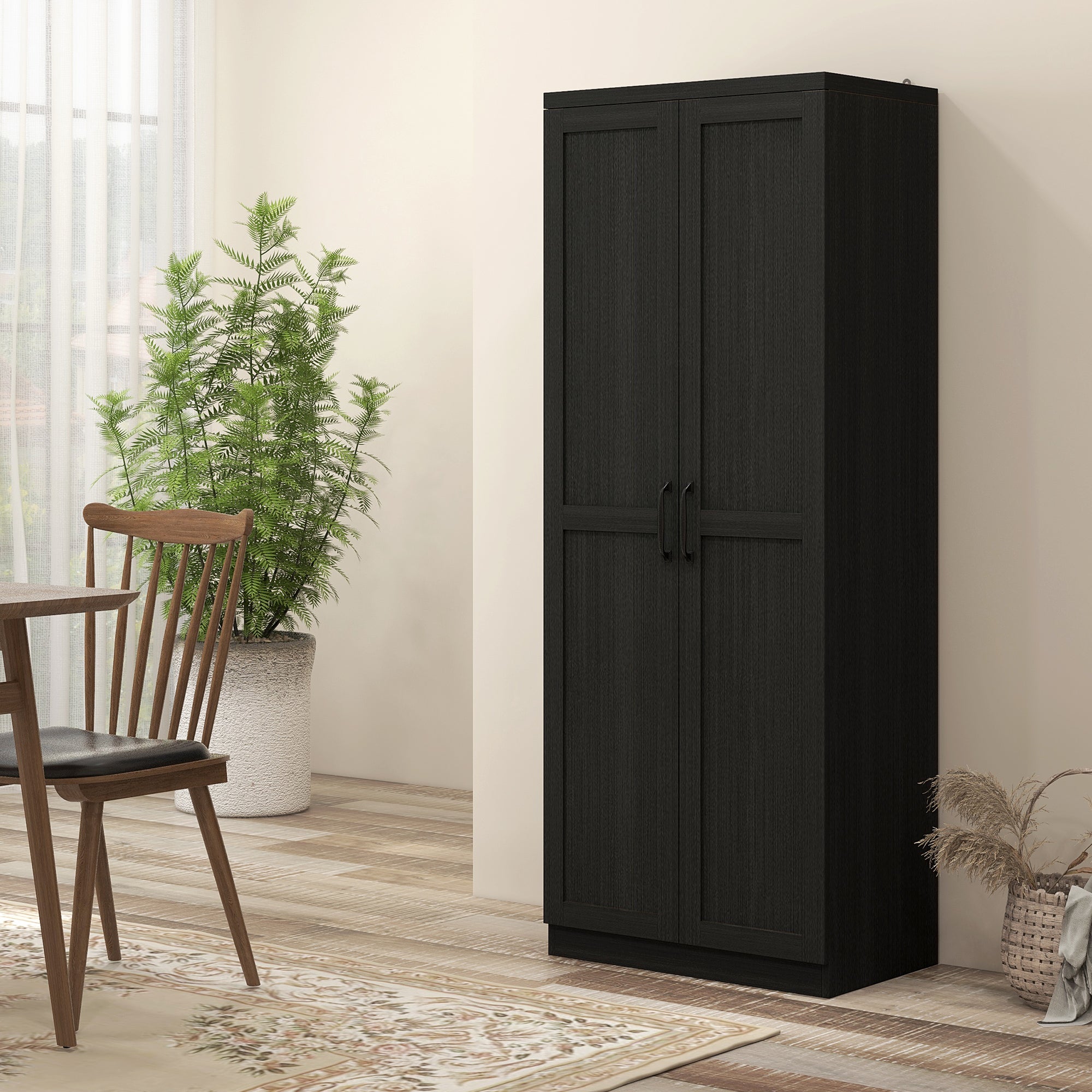 63" 2-Door Kitchen Pantry, Freestanding Cabinet with 2 Adjustable Shelves for Dining Room, Cinnamon Black Wood Grain