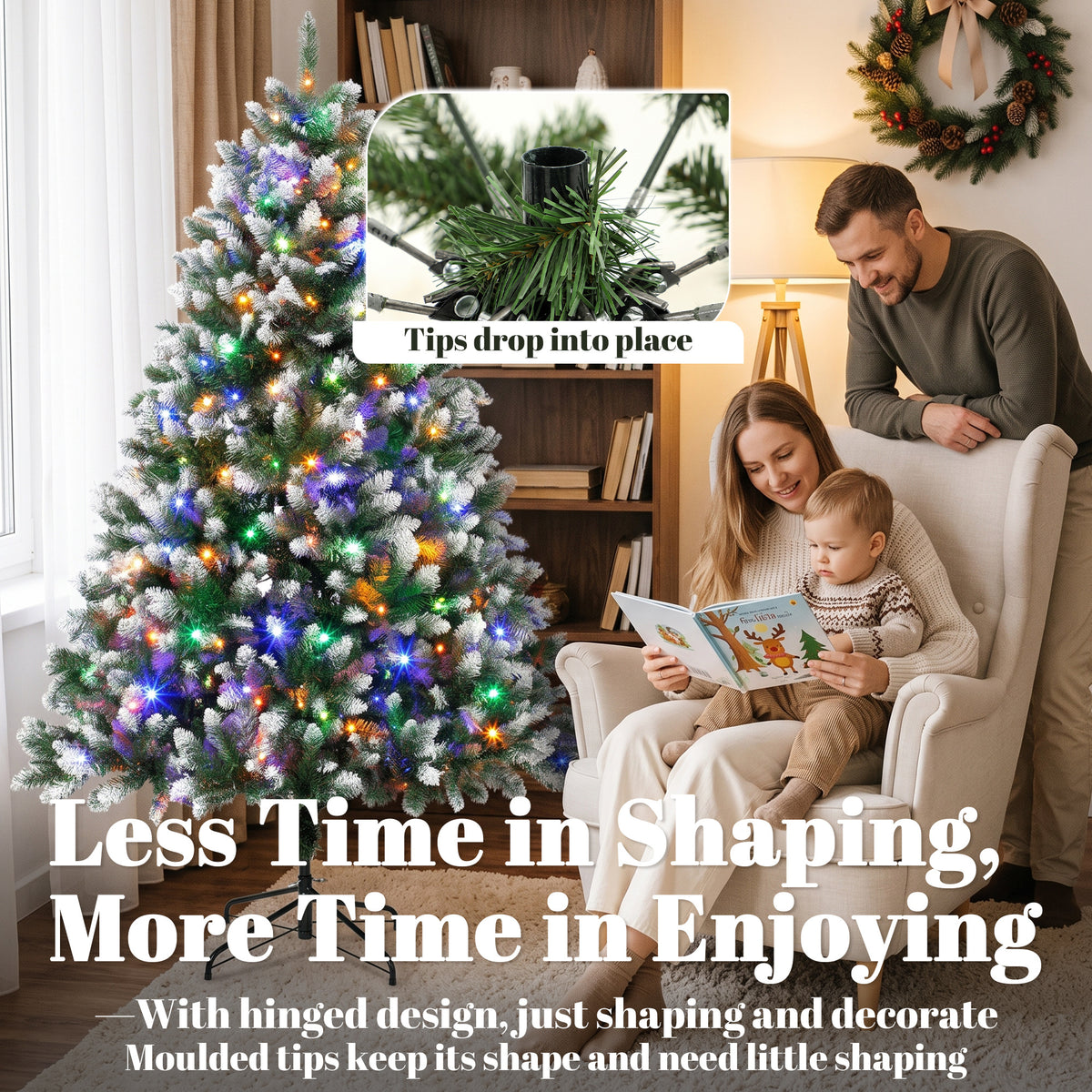 7.5ft Pre-lit Artificial Christmas Tree White-Tipped Hinged Full Xmas Tree with 1378 Tips