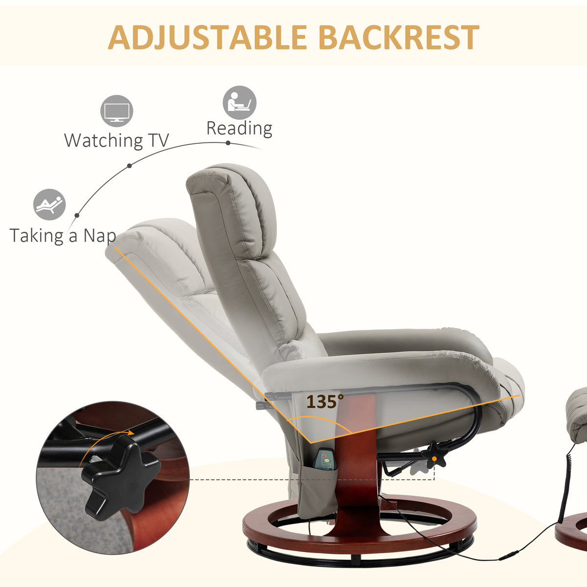 Massage Recliner Chair with Ottoman, Swivel Recliner and Footrest, Faux Leather Reclining Chair w/ Remote Control, Gray