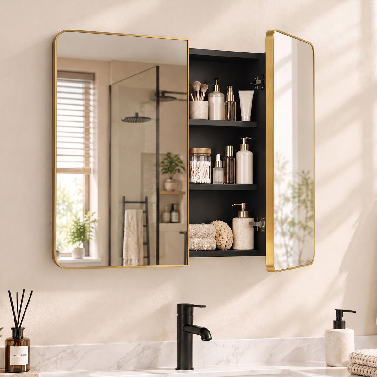30" x 24" Medicine Cabinet with Mirror, Bathroom Mirror Cabinet with Adjustable Shelves, Wall-Mounted or Recessed, Gold