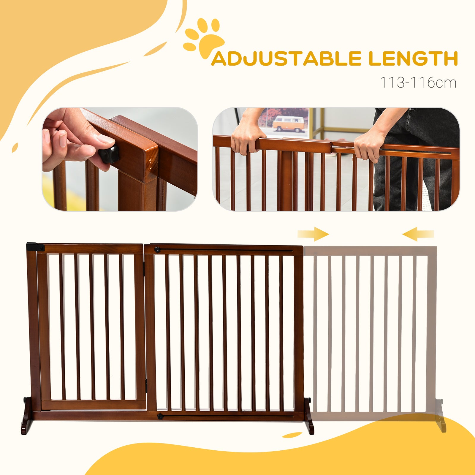 Freestanding Length Adjustable Wooden Pet Gate with Lockable Door 3 Panels, Brown - Brown - Image 4