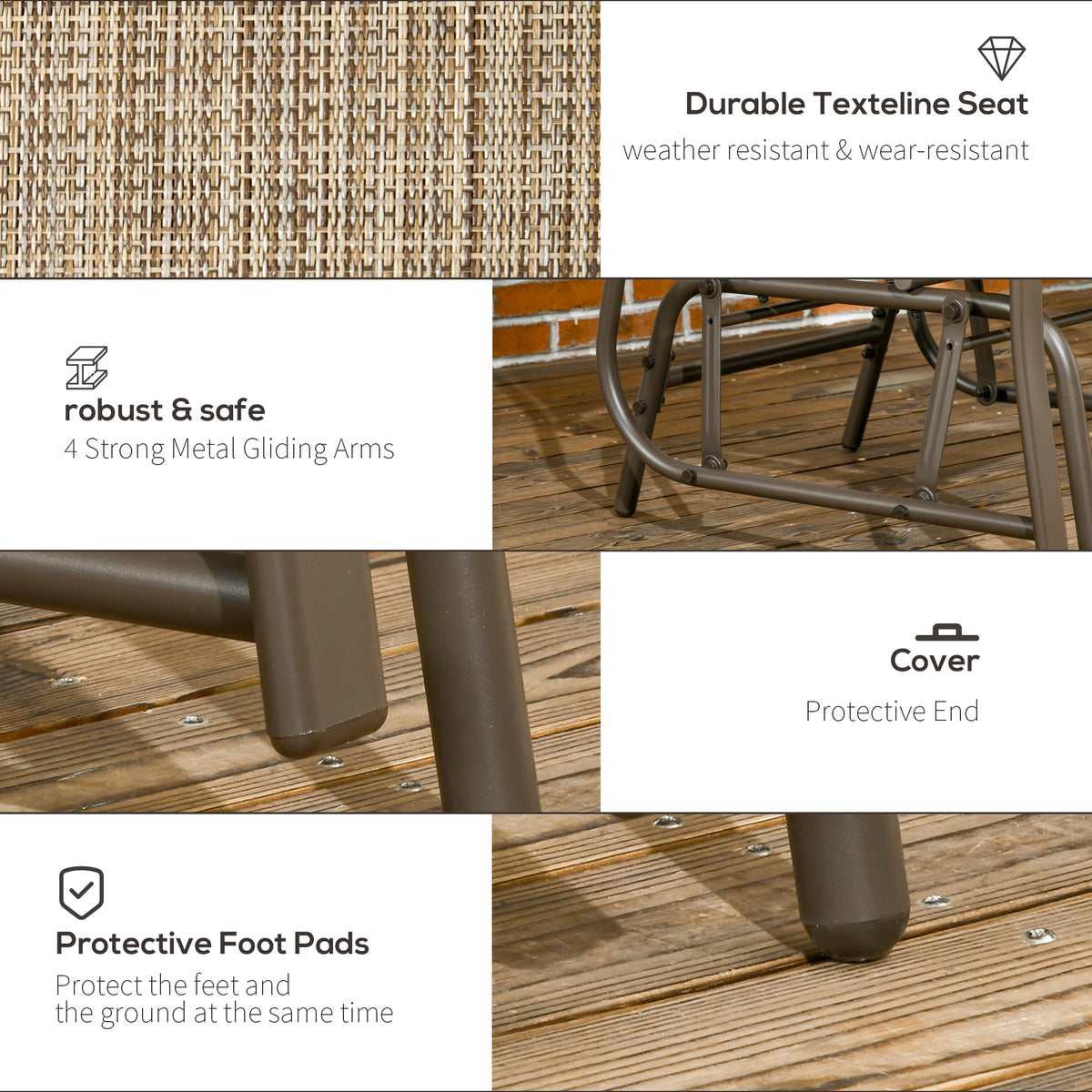Outdoor Glider Chairs with Coffee Table, Patio 2-Seat Rocking Chair Swing Loveseat with Breathable Sling for Backyard, Garden, and Porch, Light Brown