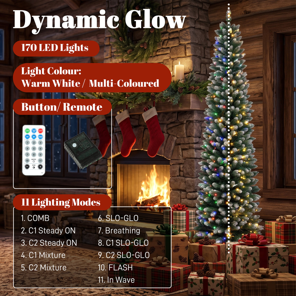 6ft Pencil Prelit Christmas Tree, Dual Color LEDs, Flocked, Remote, Slim Xmas Tree with 11 Modes, Green White
