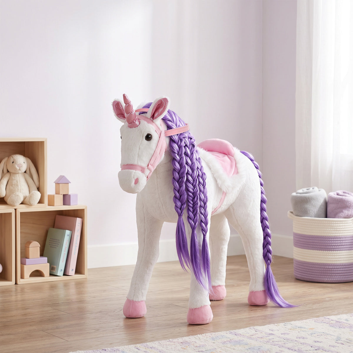 Ride on Horse for Kids 2+ Years, Toddler Riding Horse with Neighing, Stuffed Animal Horse Toy with Padding, White