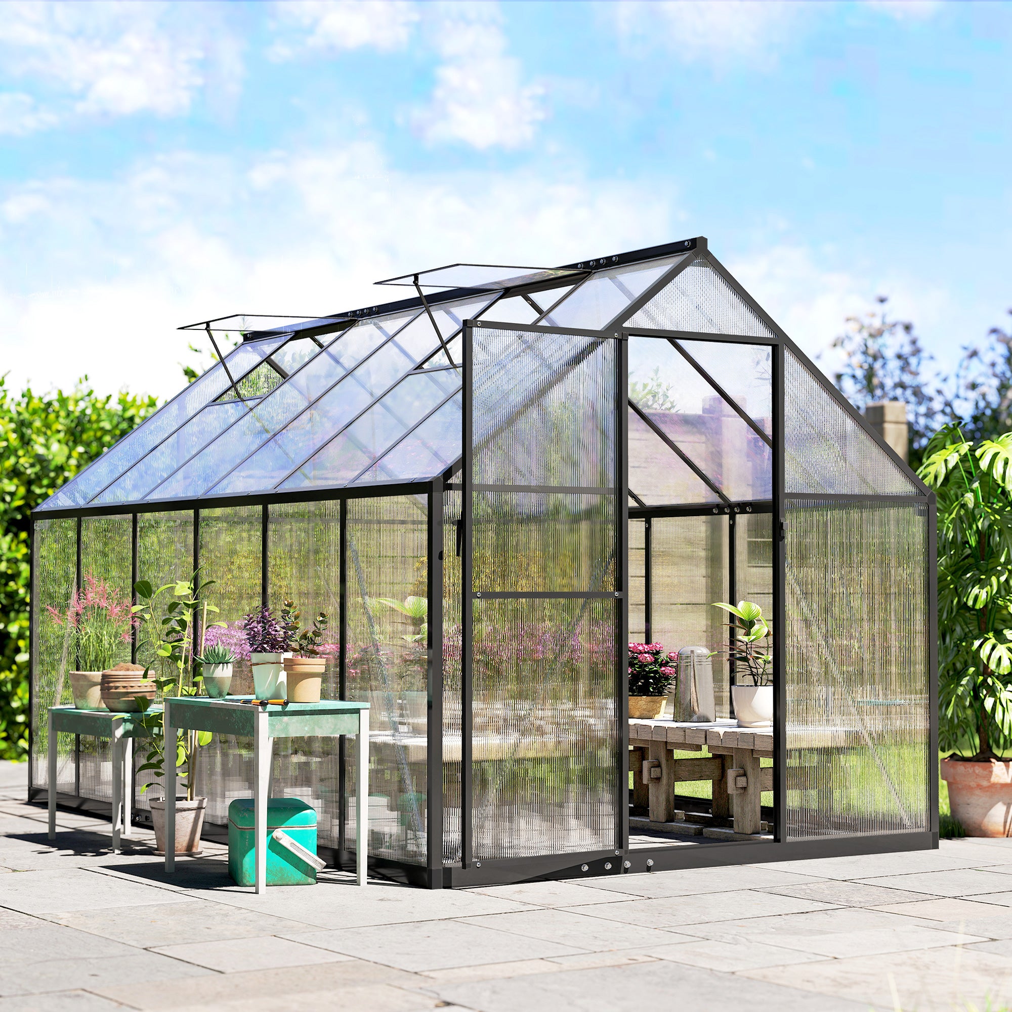Polycarbonate Greenhouse with Swing Door and Two Adjustable Roof Vents, Aluminum Walk-in Greenhouse, 11x6 ft, Black - Black - Image 8