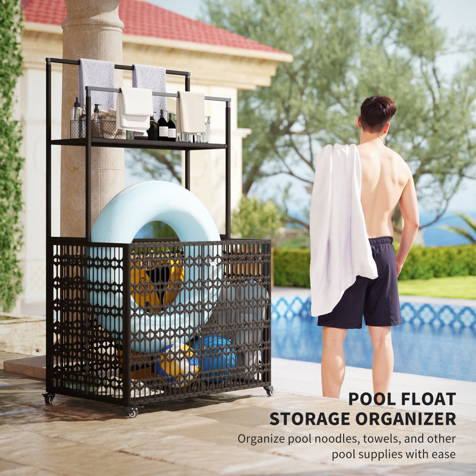 Wicker Pool Float Storage Organizer, PE Rattan Pool Float Holder with Basket Shelf Towel Bars, Rolling Pool Caddy for Floaties, Noodles, Life Vests, Beach Balls, Brown - Brown - Image 4
