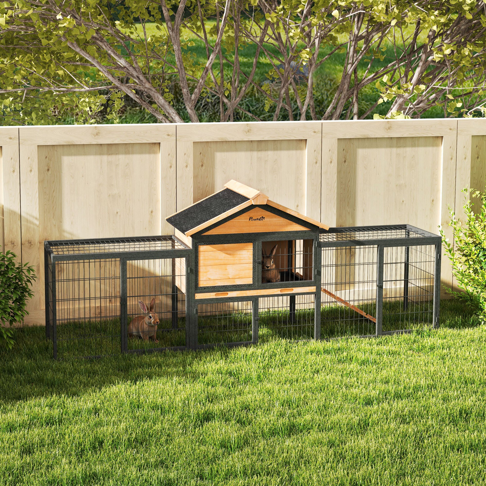 Wooden Rabbit Hutch Outdoor, 85" Large Bunny Cage with Steel Run, Removable Plastic Tray, Asphalt Roof, Ramp - Natural Wood - Image 2