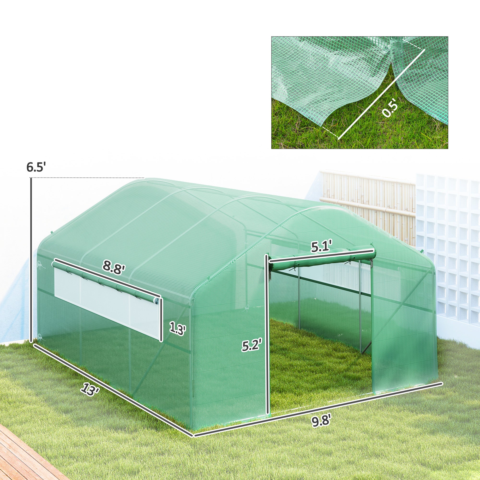 13' x 10' x 6.5' Tunnel Greenhouse Hoop House with Upgraded Galvanized Steel Frame and Large Windows, Green - Green - Image 3