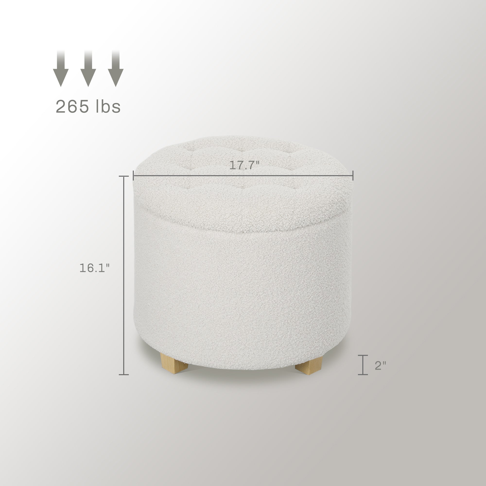 18" Round Ottoman with Storage, Teddy Fleece Button Tufted Foot Stool with Lid, Wood Legs for Living Room Hallway, White