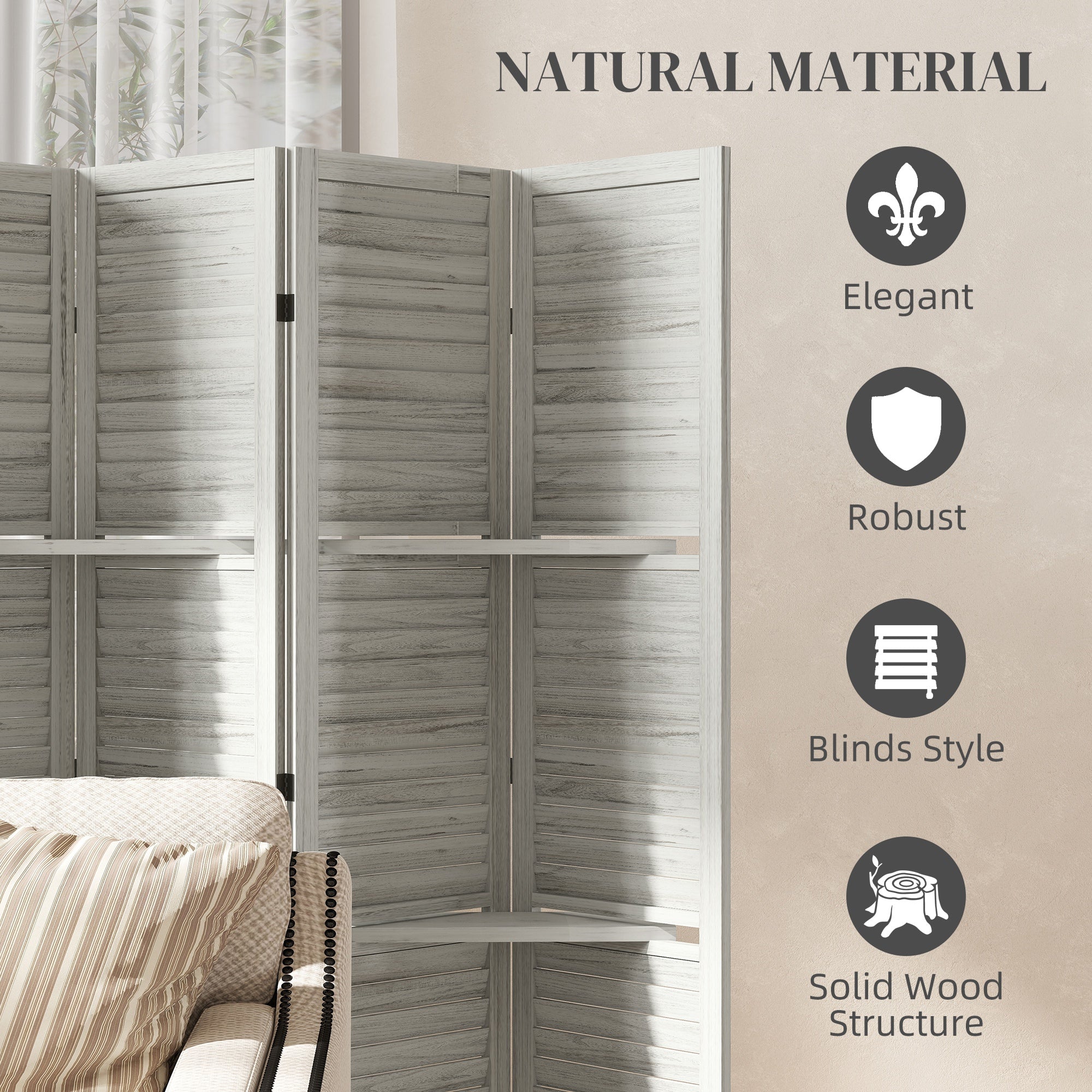 6 Panel 67" Tall Wood Privacy Screen Room Divider with 3 Shelves and Folding Storage for Bedroom, White
