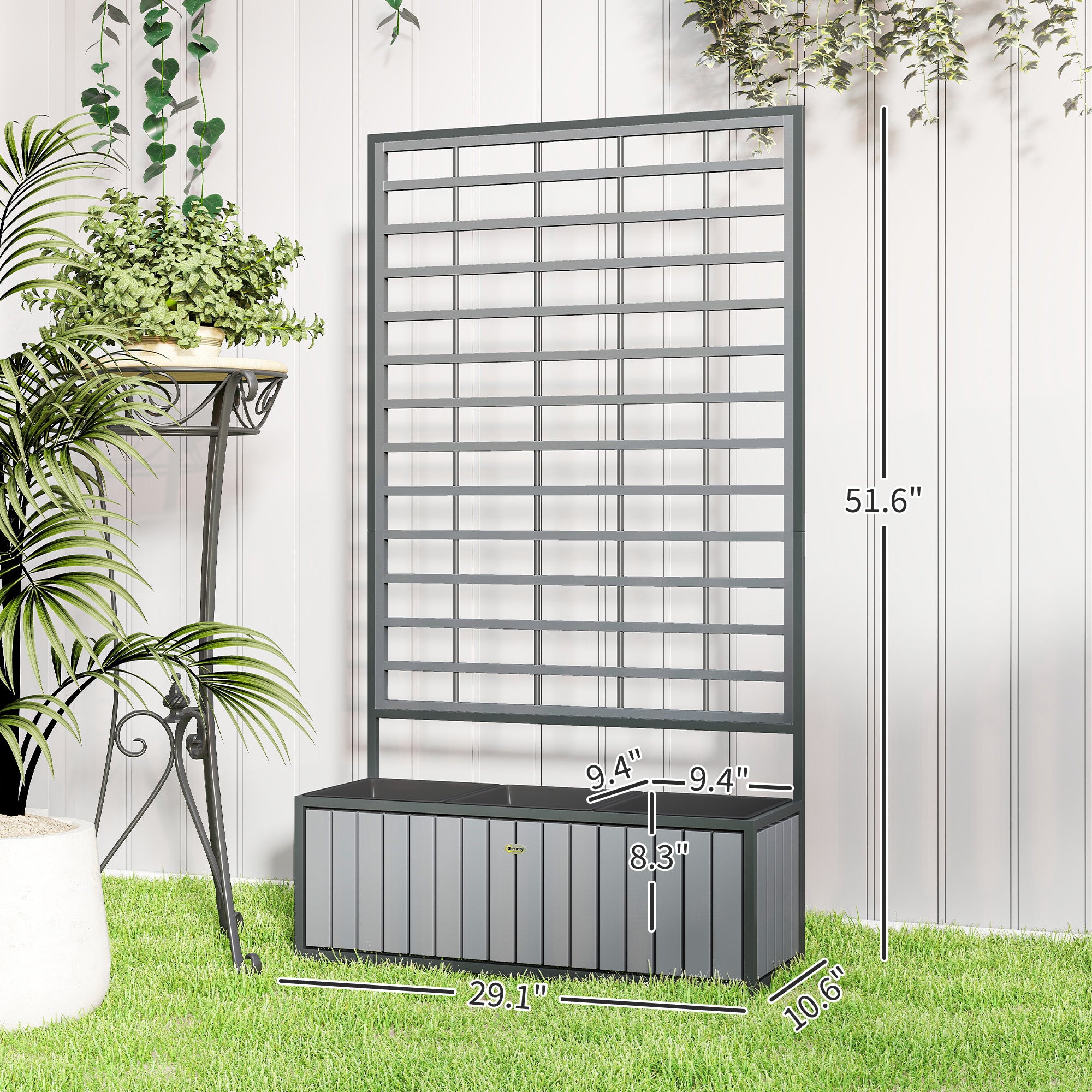 Wooden Raised Garden Bed with Trellis, Removable Pots, for Backyard, Patio, Balcony, 29" x 11" x 52", Gray - Gray - Image 3