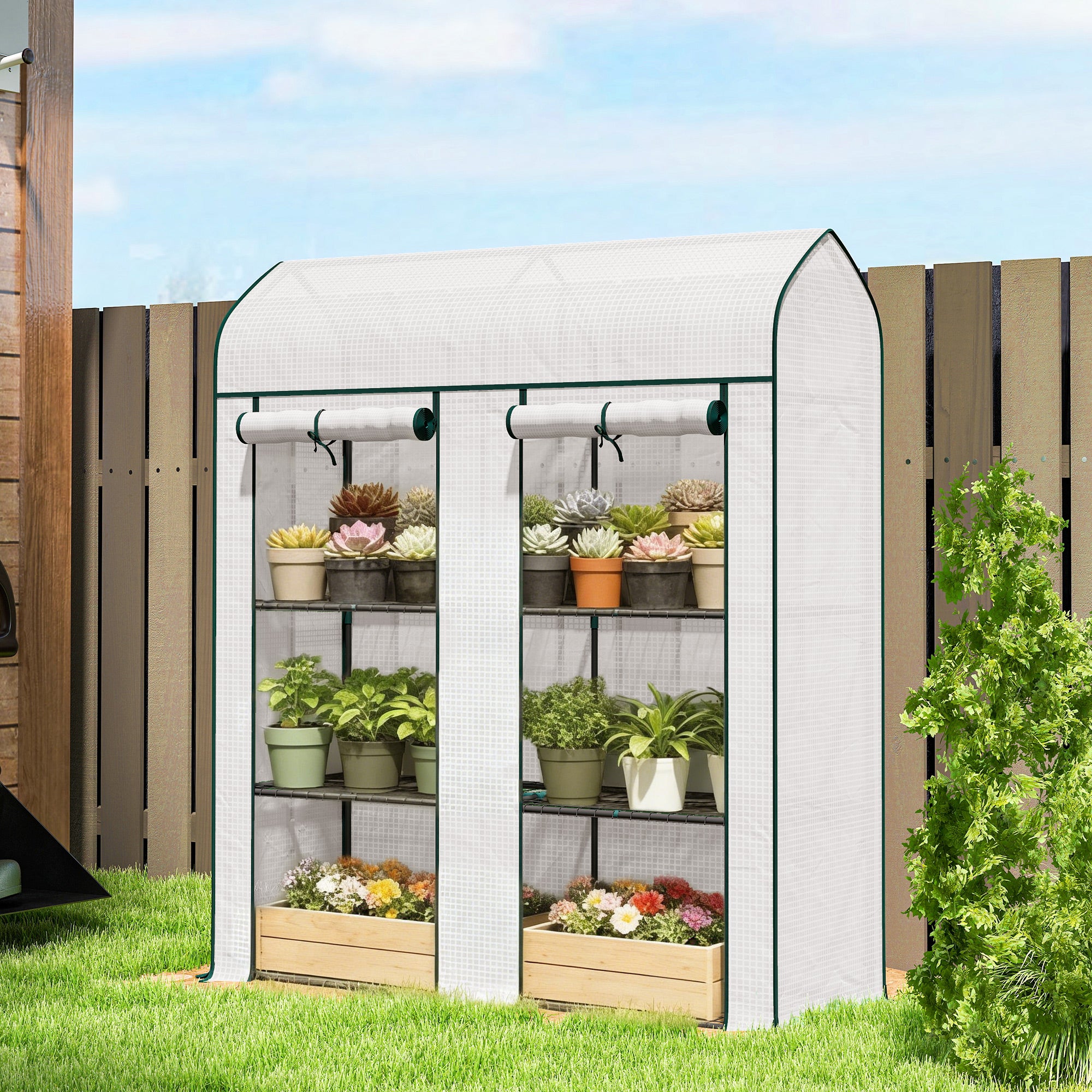 3 Tier Mini Greenhouse, Small Portable Greenhouse with 2 Roll-up Doors, 56.3" x 18.1" x 65", White - White - Image 2
