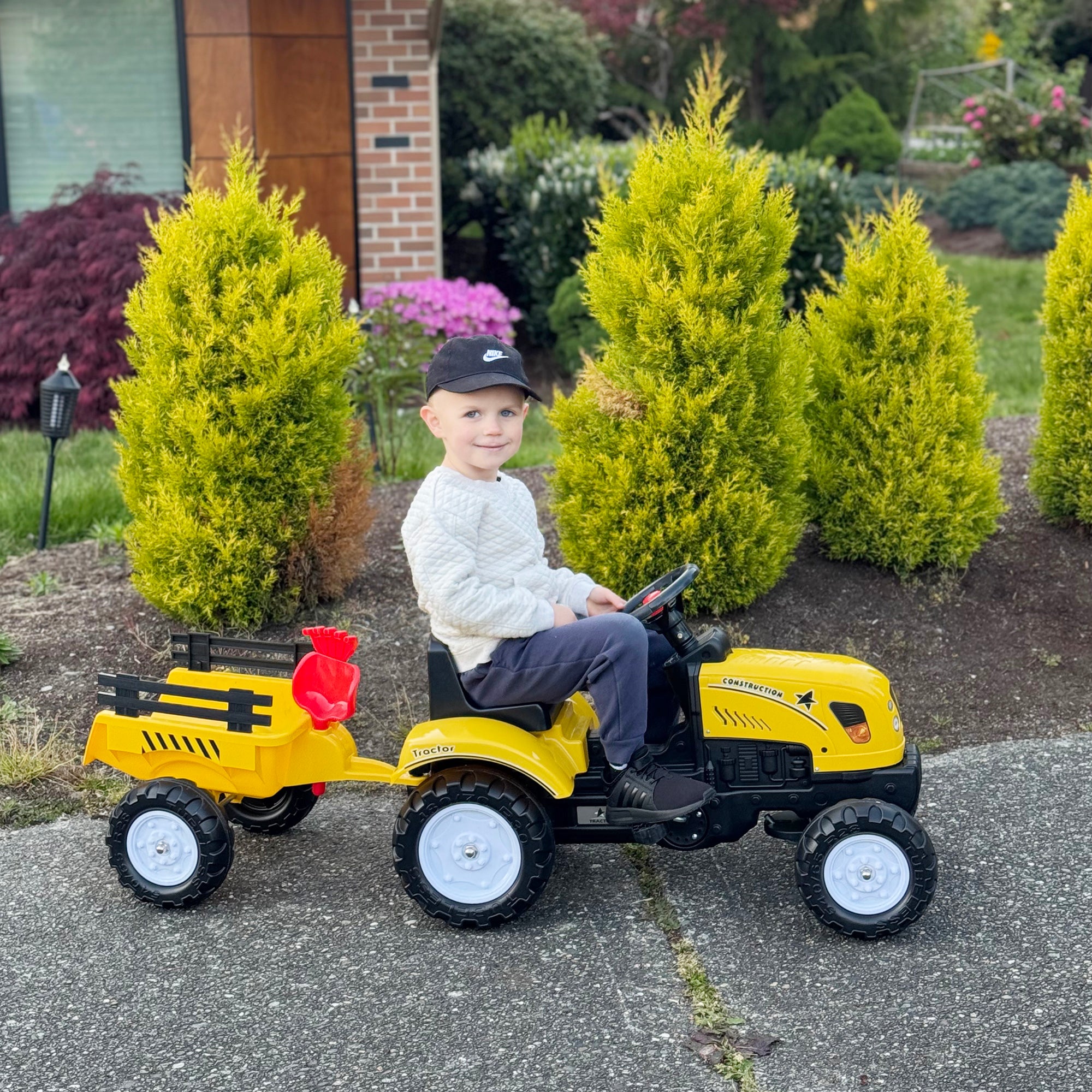 Kids Ride on Tractor with Back Trailer, Shovel & Rake, Horn, Pedal Go Kart for 3 Years Old, Yellow