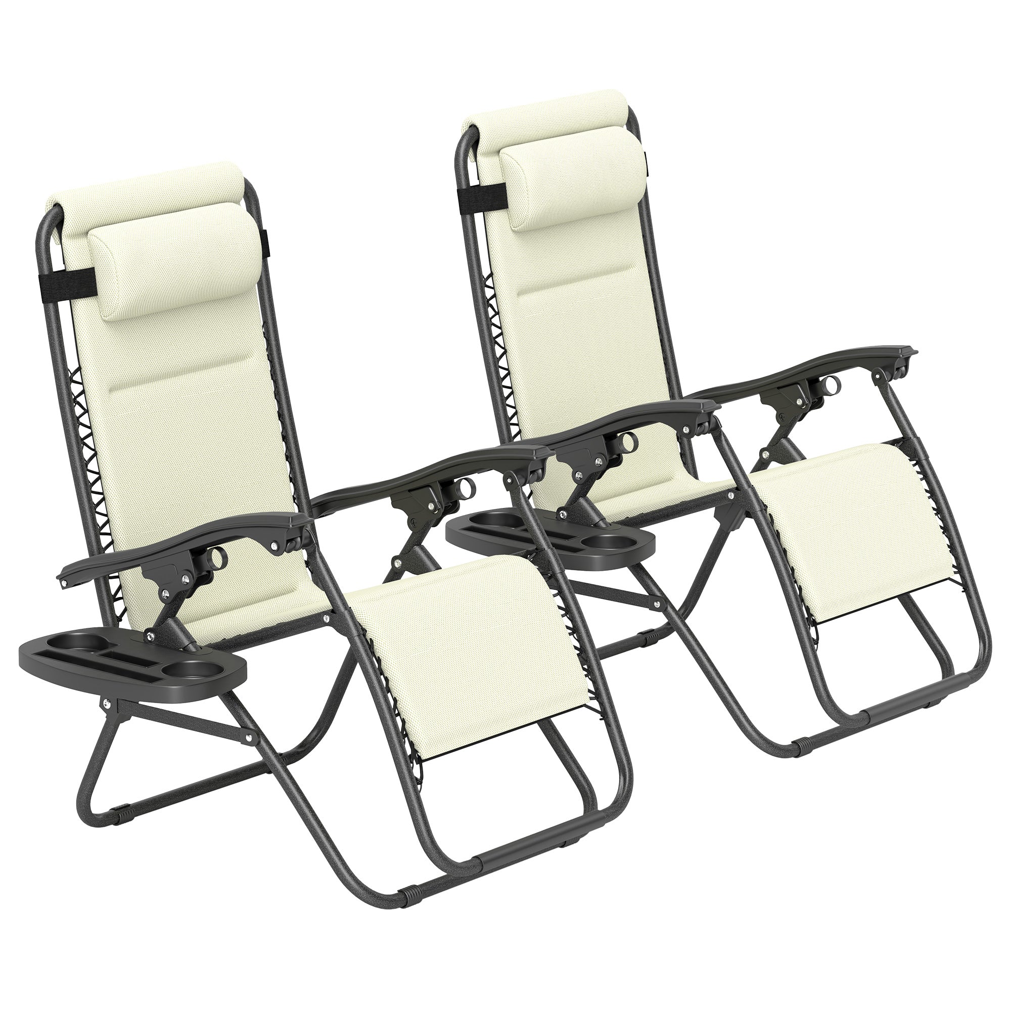Zero Gravity Lounge Chair Set, 2 Pieces Reclining Folding Outdoor Lounge Chairs with Headrest Side Tray, Cream
