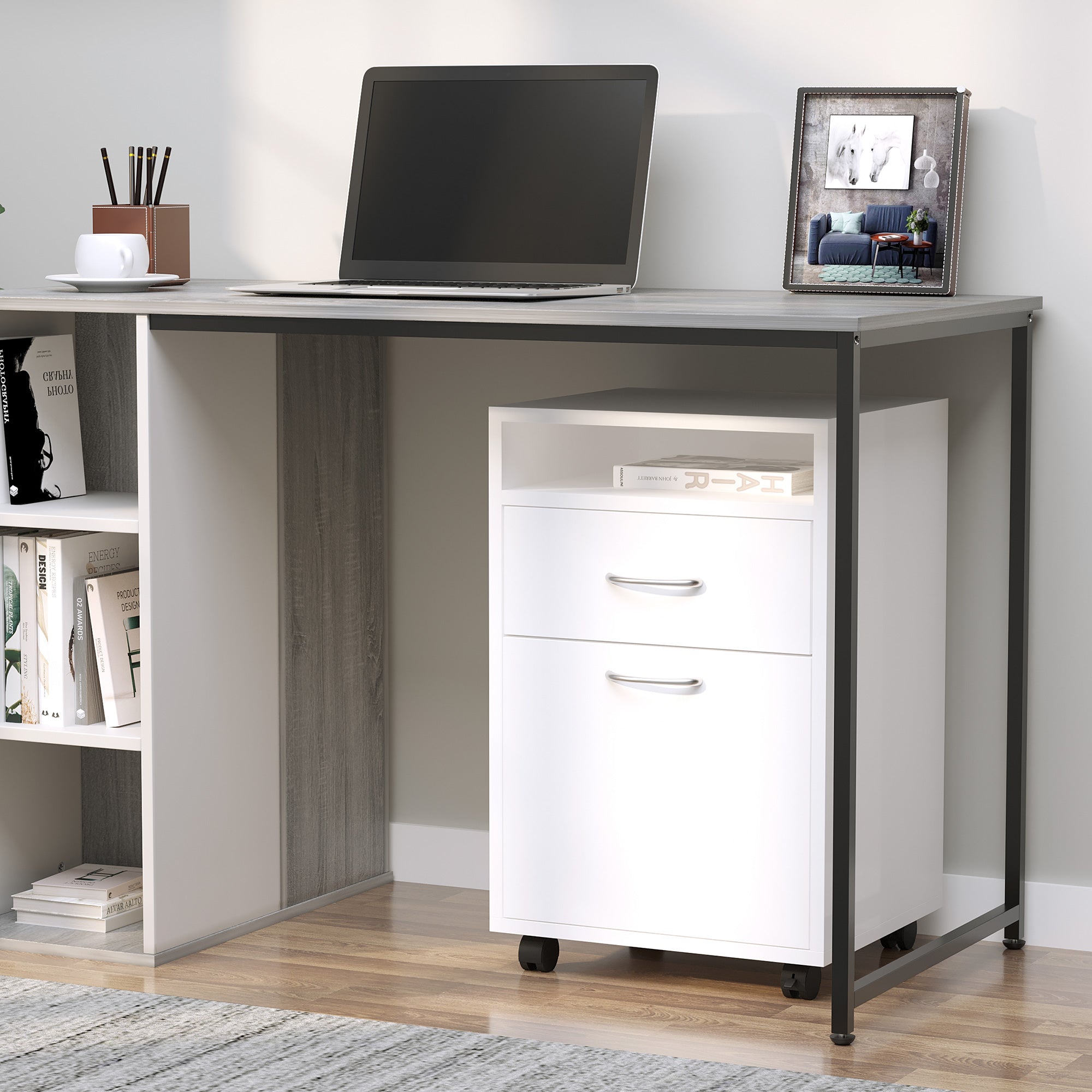 Mobile Storage Cabinet Organizer with Drawer and Cabinet, Printer Stand with Castors, White