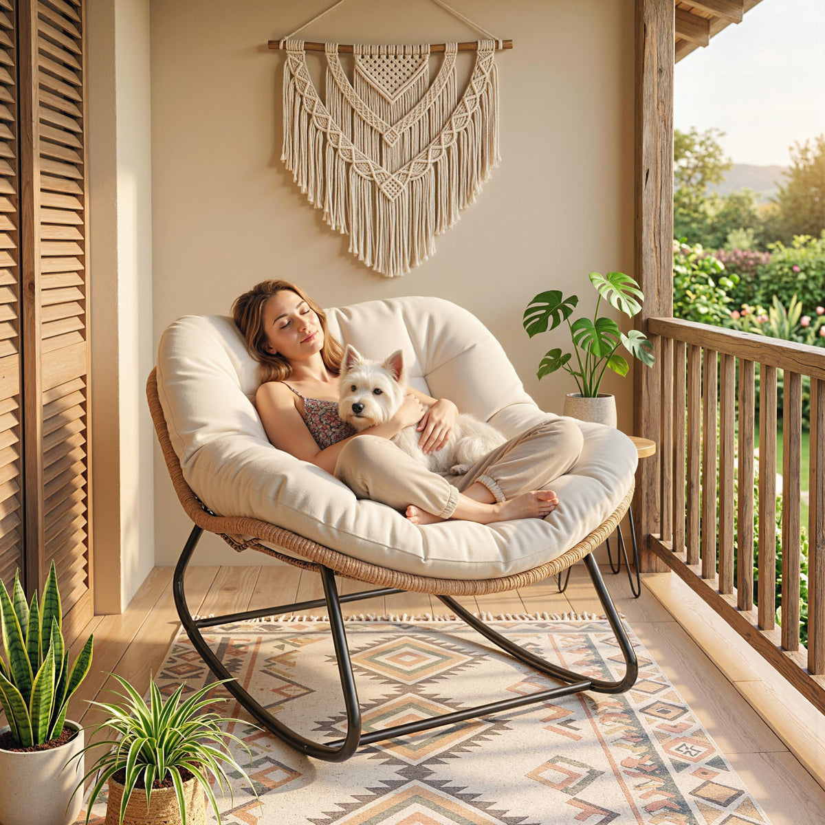 Indoor Outdoor Papasan Rocking Chair, Oversized Rocking Egg Chair with Cushion for Garden, Patio, Beige
